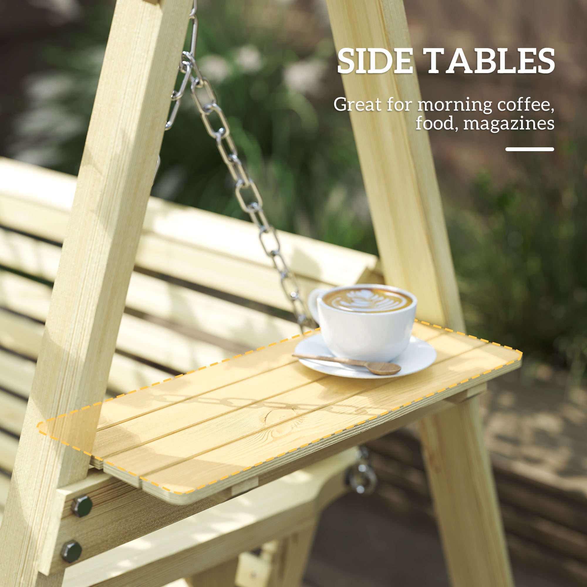 3 Seat Wooden Porch Swing with Stand, Patio Swing with Side Tables, for Garden, Poolside, Backyard, Natural Wood