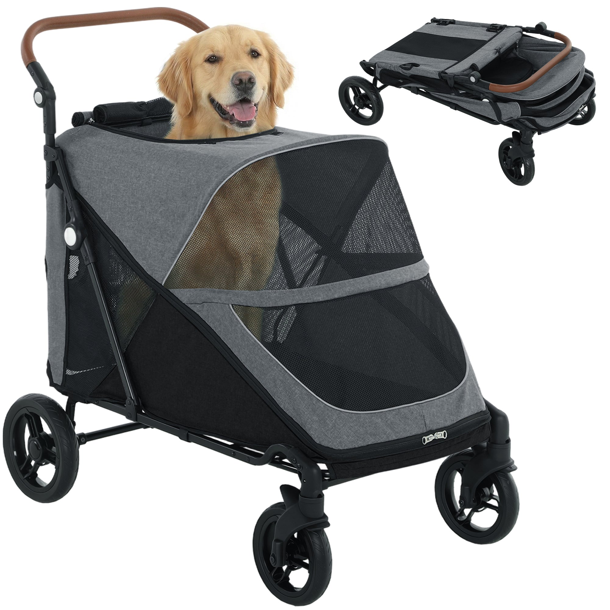 Dog Stroller for Large Dogs Up to 66 LBS with All-Terrain Spring Suspension, 8-Position Adjustable Handle, Gray