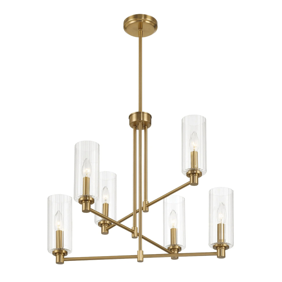 Timeless Six-Light Chandelier with Clear Ribbed Glass, Satin Brass Finish, 24" L x 24" W x 22.5" H, Antique Brass+Clear