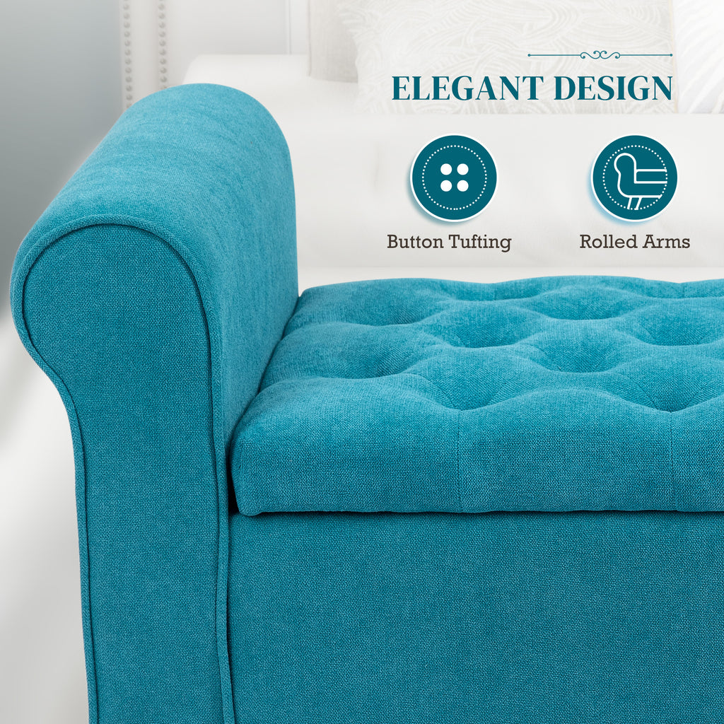50 Inches Storage Ottoman, End of Bed Bench with Rolled Arms, Wood Legs, Button Tufted Storage Bench, Teal