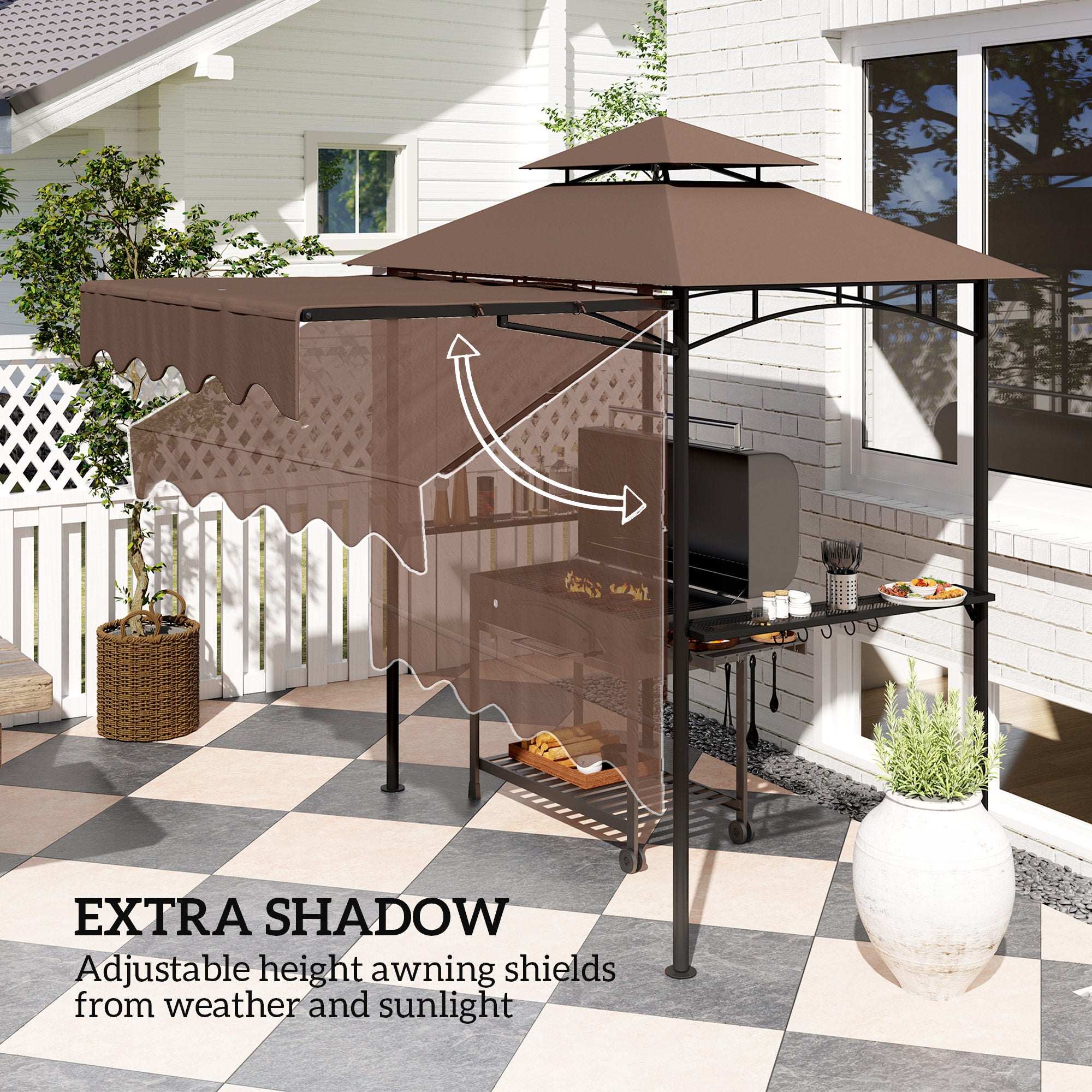 8' x 7.6' Outdoor Grill Gazebo, Barbecue Gazebo Shelter with Side Awning, 2 Side Shelves and 6 Hooks, Brown