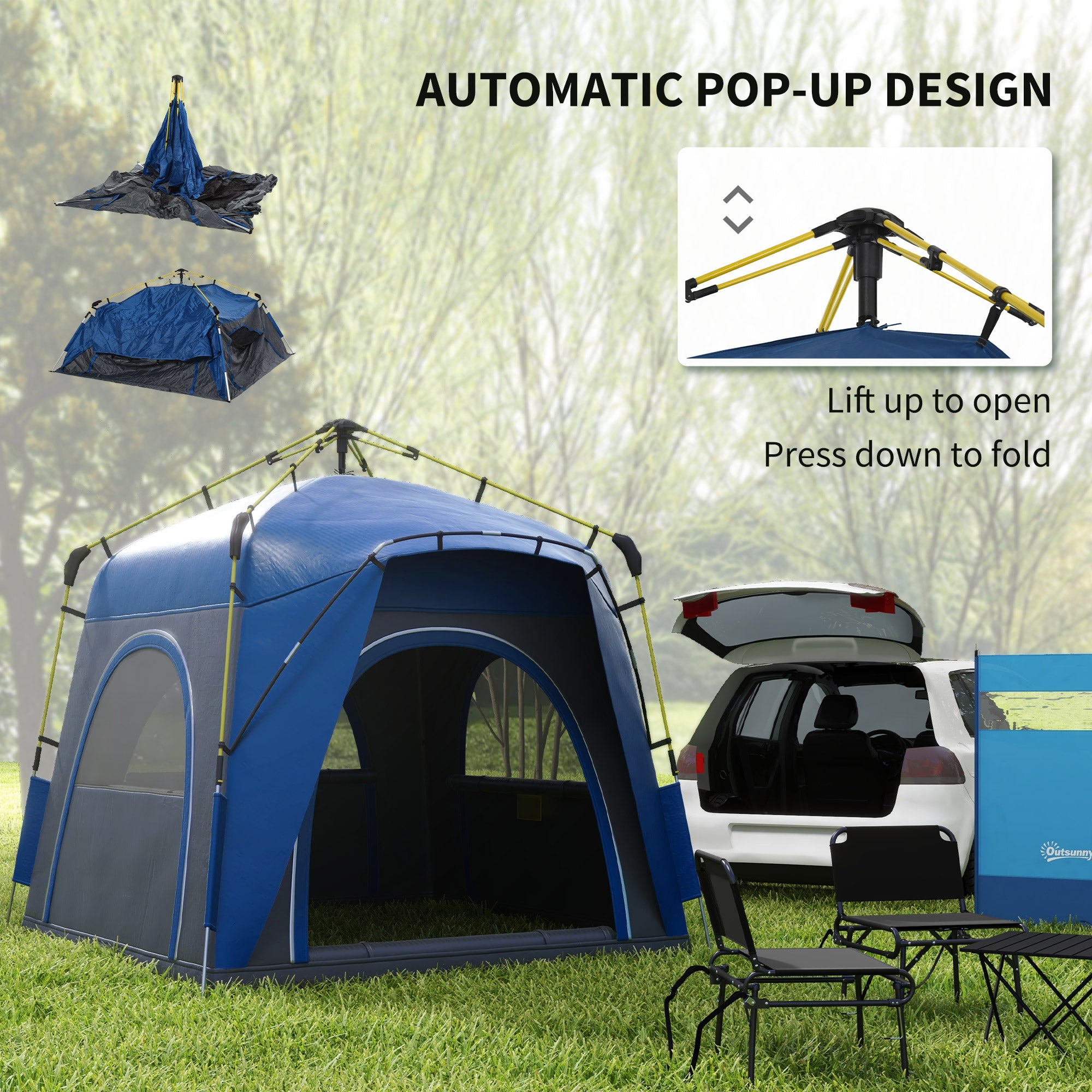 3 Person Pop Up Camping Tent Quick Setup Automatic Hydraulic Family Travel Tent w/ Windows Doors Carry Bag, Blue