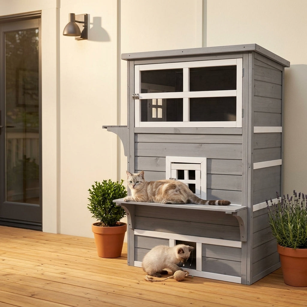 Outdoor Cat House, 3-Tier Kitty Shelter with 5 Escape Doors, Weather Resistant, Gray & White