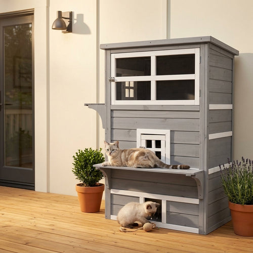 Outdoor Cat House, 3-Tier Kitty Shelter with 5 Escape Doors, Weather Resistant, Gray & White