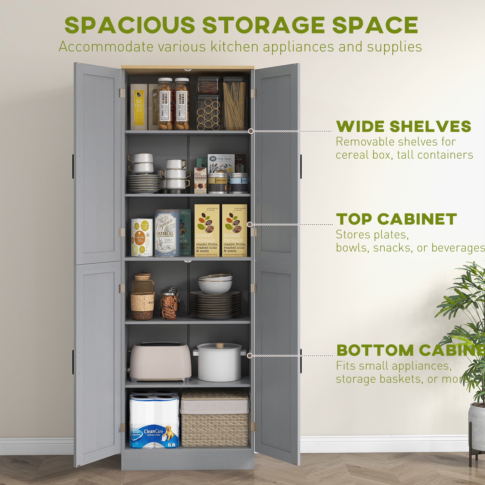 Freestanding Kitchen Pantry, 4-Door Kitchen Pantry Cabinet with Adjustable Shelves and Doors, Distressed White