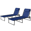 2 Folding Chaise Lounge Pool Chairs with 4-Position Reclining Back, Pillow, Breathable Mesh & Bungee Seat, Blue