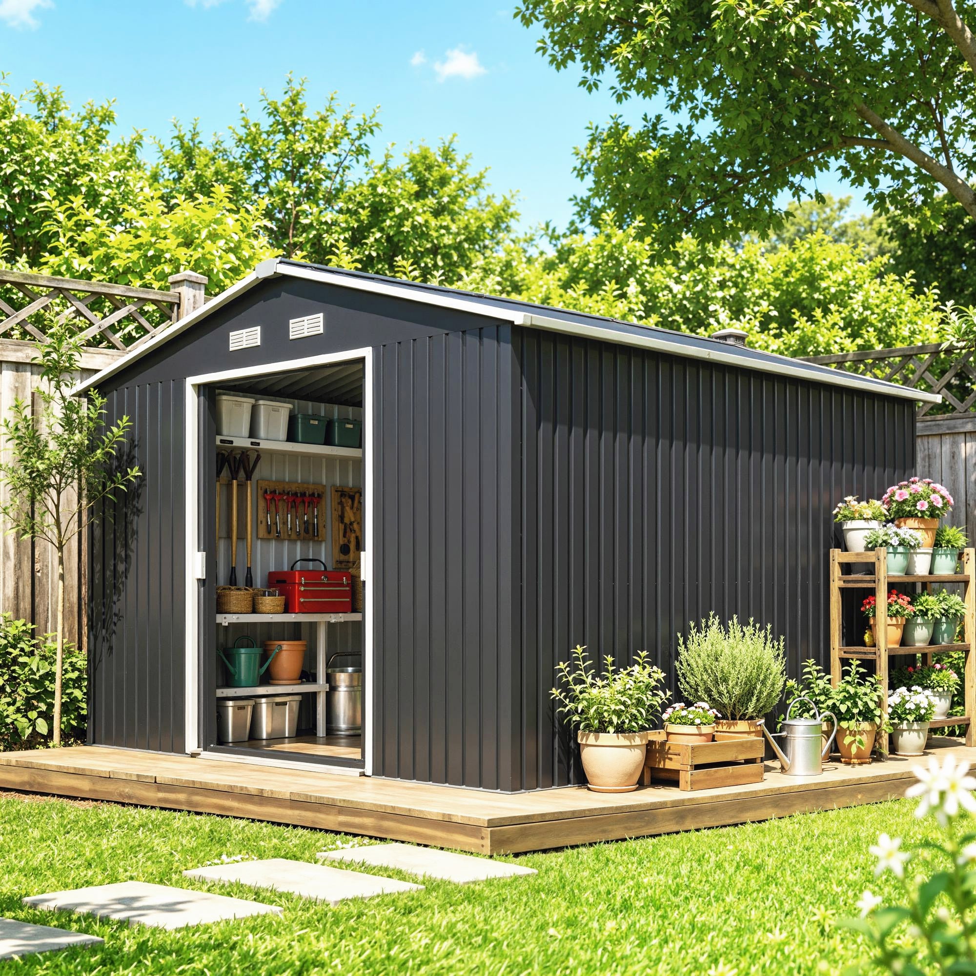 11' x 9' Outdoor Storage Shed, Garden Tool Metal Shed with Foundation Kit, Double Lockable Door, Air Vents and Sloping Roof, for Backyard, Patio, Lawn, Dark Gray