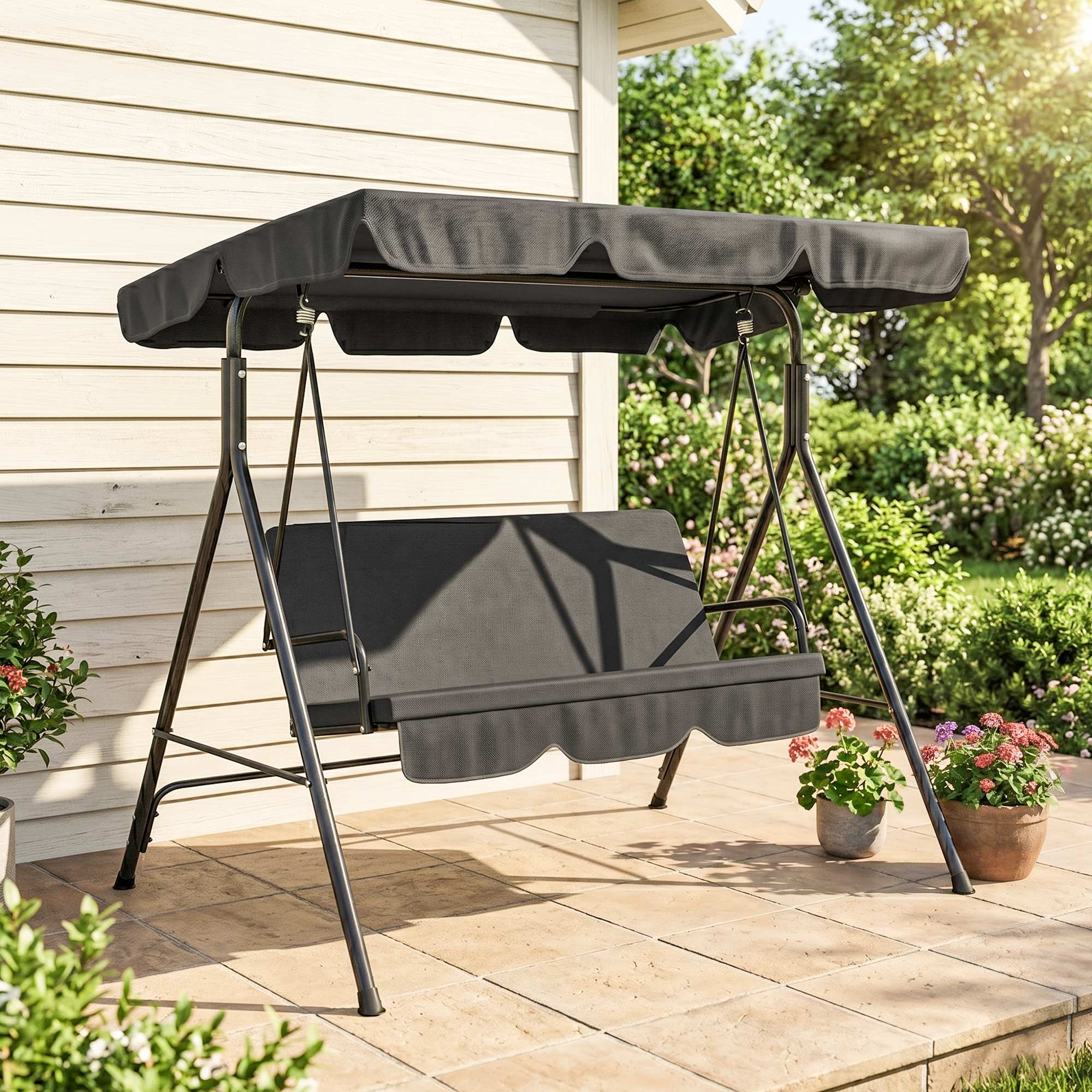 3-Seat Outdoor Patio Swing Chair w/ Cushion, Steel Frame Stand, Adjustable Tilt Canopy for Patio, Garden, Black