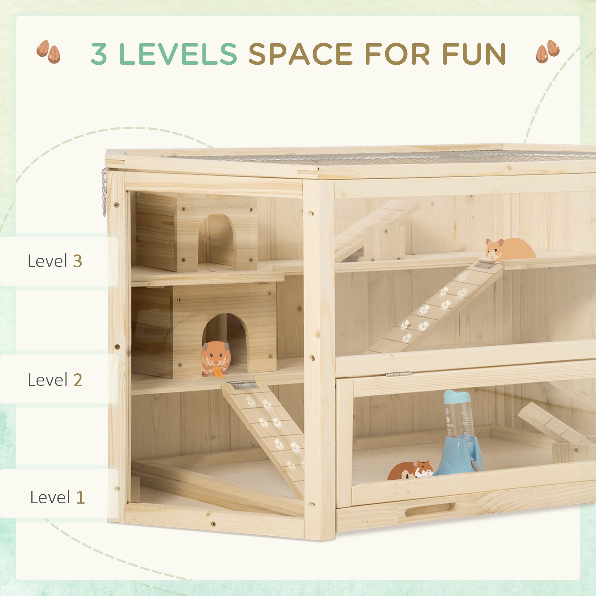 Wooden Large Hamster Cage Small Animal Exercise Play House 3 Tier with Tray, Seesaws, Water Bottle, Activity Center, Natural
