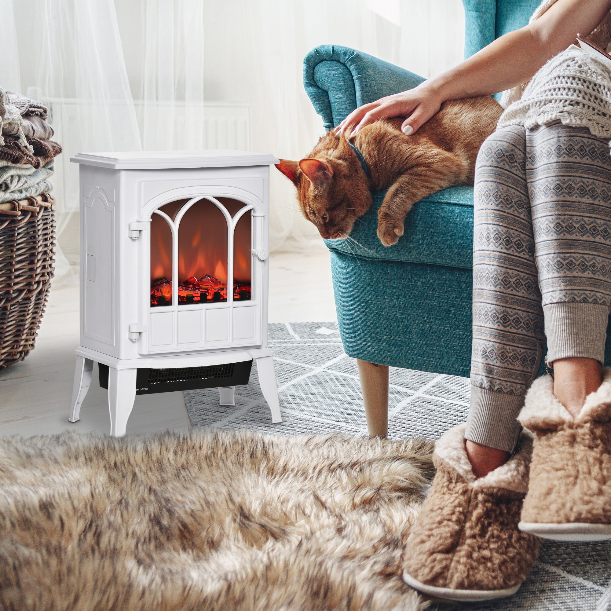 Modern Electric Fireplace, Free Standing Electric Fire with Realistic LED Flame, 750W/1500W, White