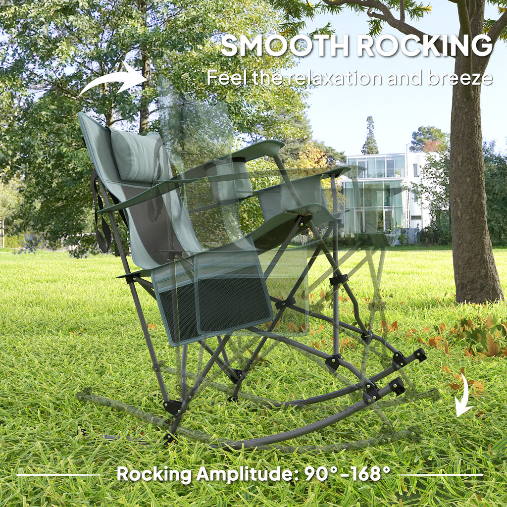 Folding Rocking Camping Chairs, Portable Chairs with Headrest, Cooler Bag, Cup Holder, Carry Bag, 2 Pack, Gray