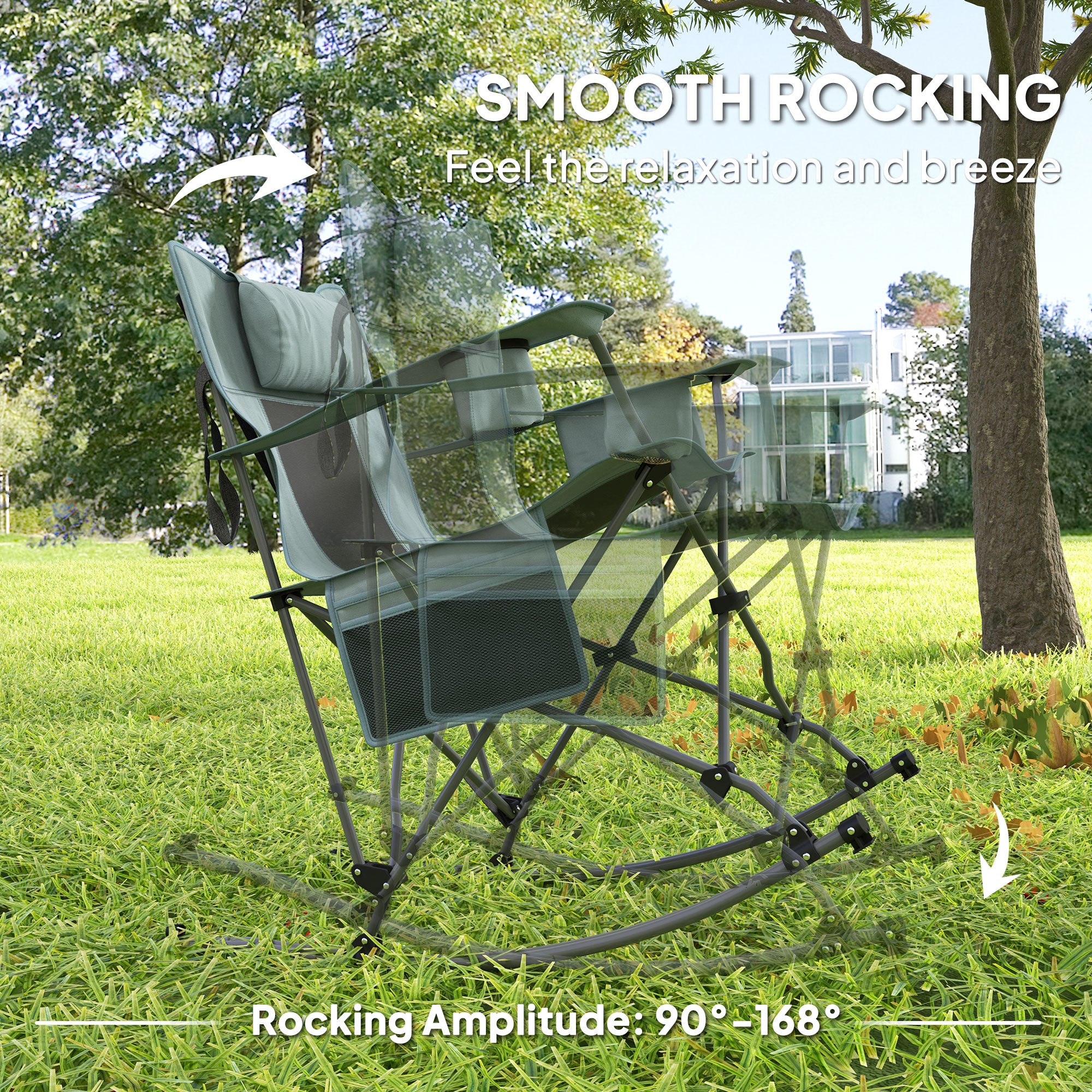 Folding Rocking Camping Chairs, Portable Chairs with Headrest, Cooler Bag, Cup Holder, Carry Bag, 2 Pack, Gray
