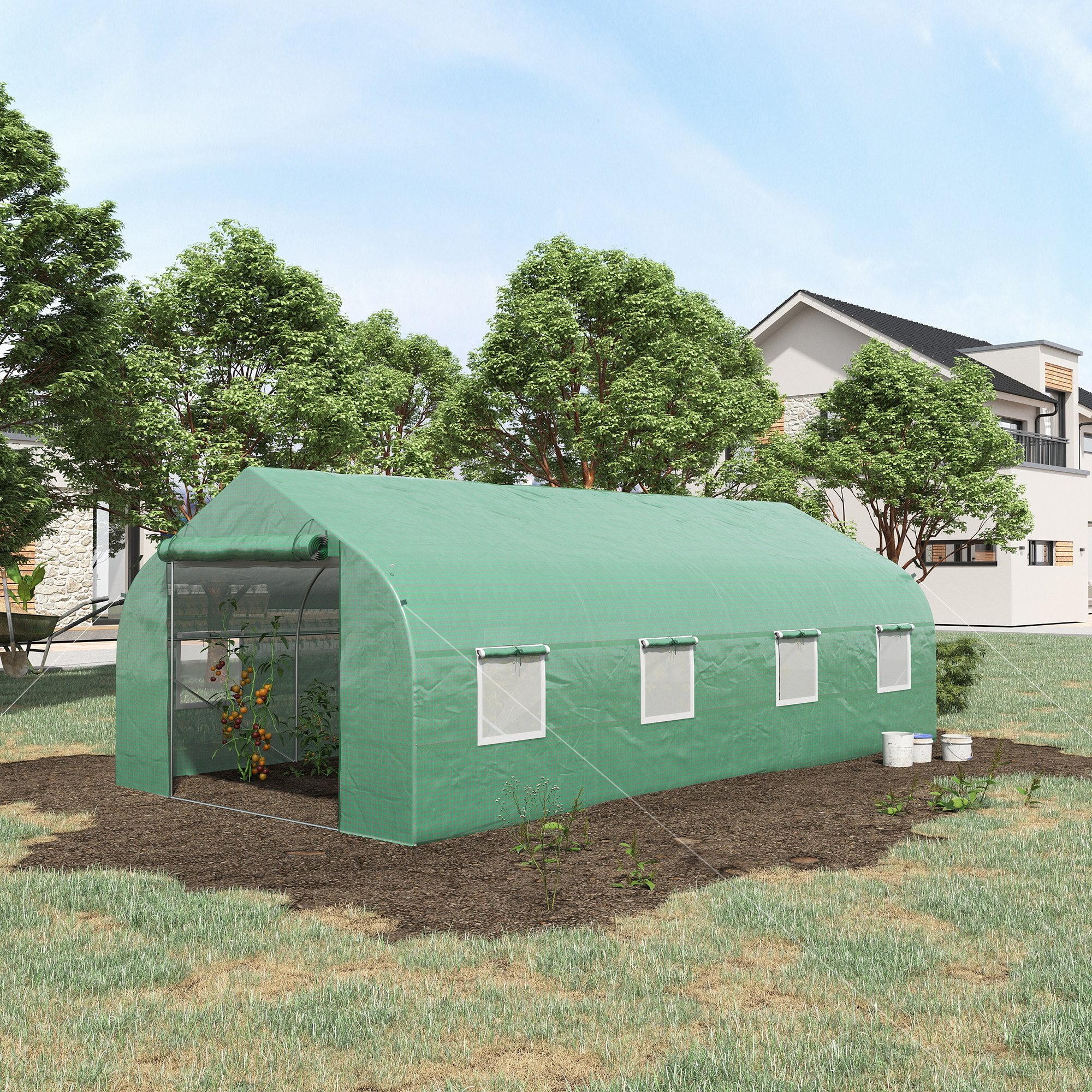 20 x10 x7 ft Walk-in Tunnel Greenhouse with Zippered Mesh Door and 8 Mesh Windows, Gardening Plant Hot House with Galvanized Steel Hoops, Green