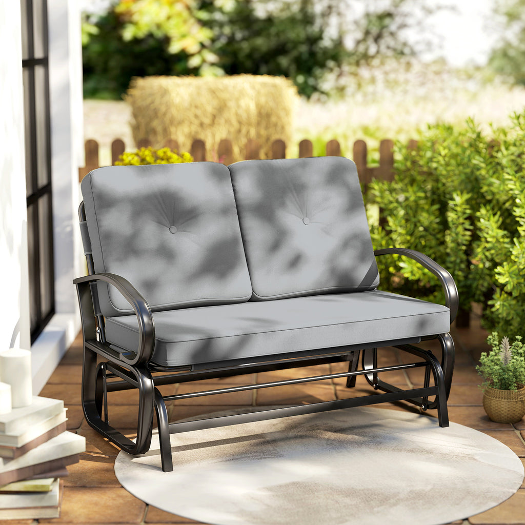 Outdoor Glider Bench, 2-Person Patio Rocker Loveseat with Tufted Cushions, Steel Frame for Porch, Garden Backyard, Gray