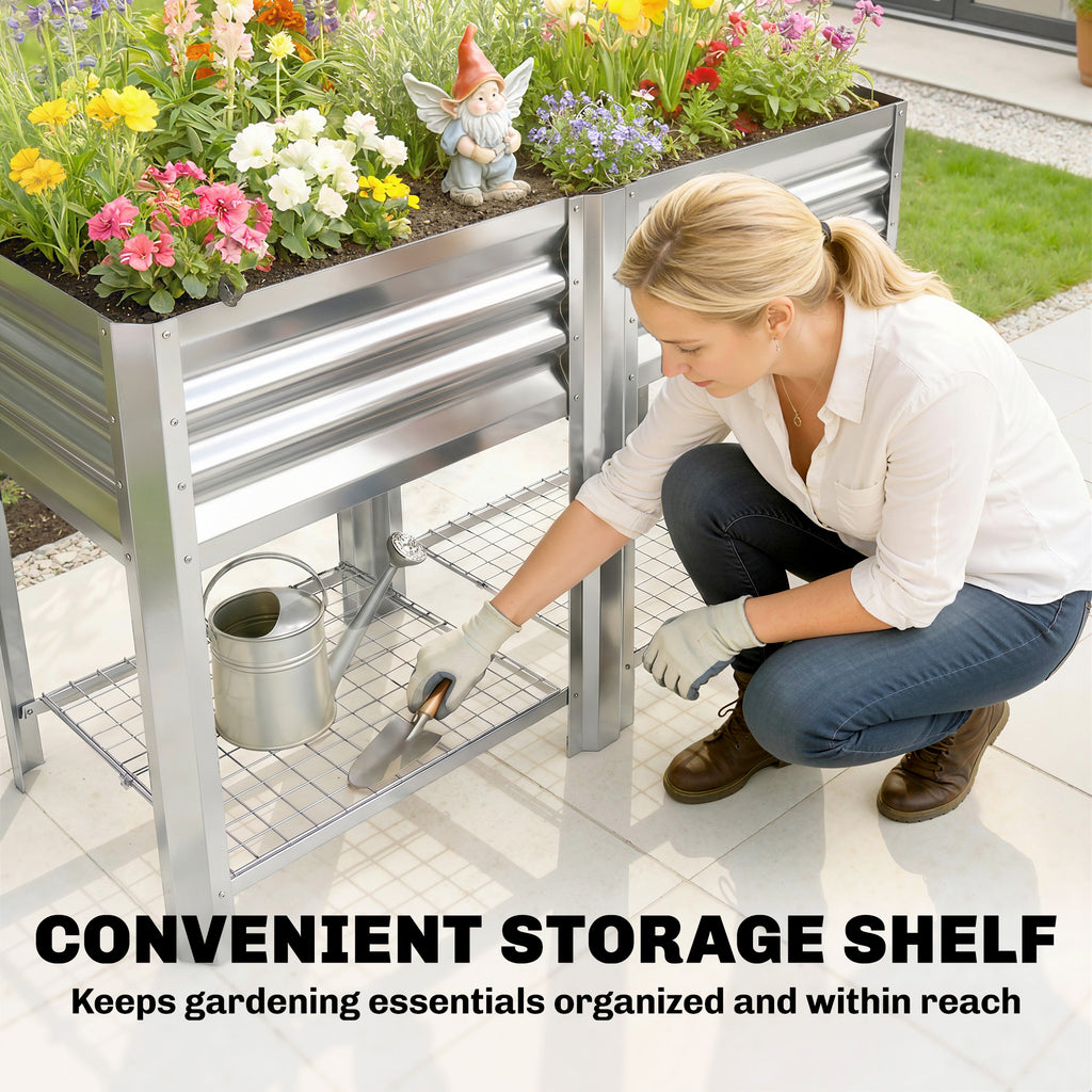 Raised Garden Bed Galvanized Steel, Elevated Planter Box with Storage Shelf, Bed Liner, 31.5" High, Silver