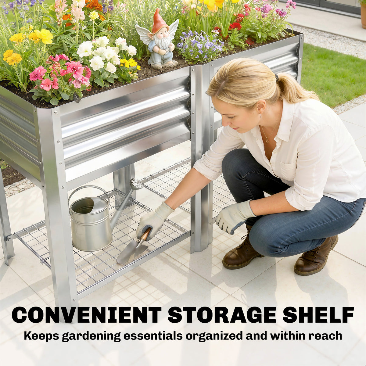 Raised Garden Bed Galvanized Steel, Elevated Planter Box with Storage Shelf, Bed Liner, 31.5" High, Silver