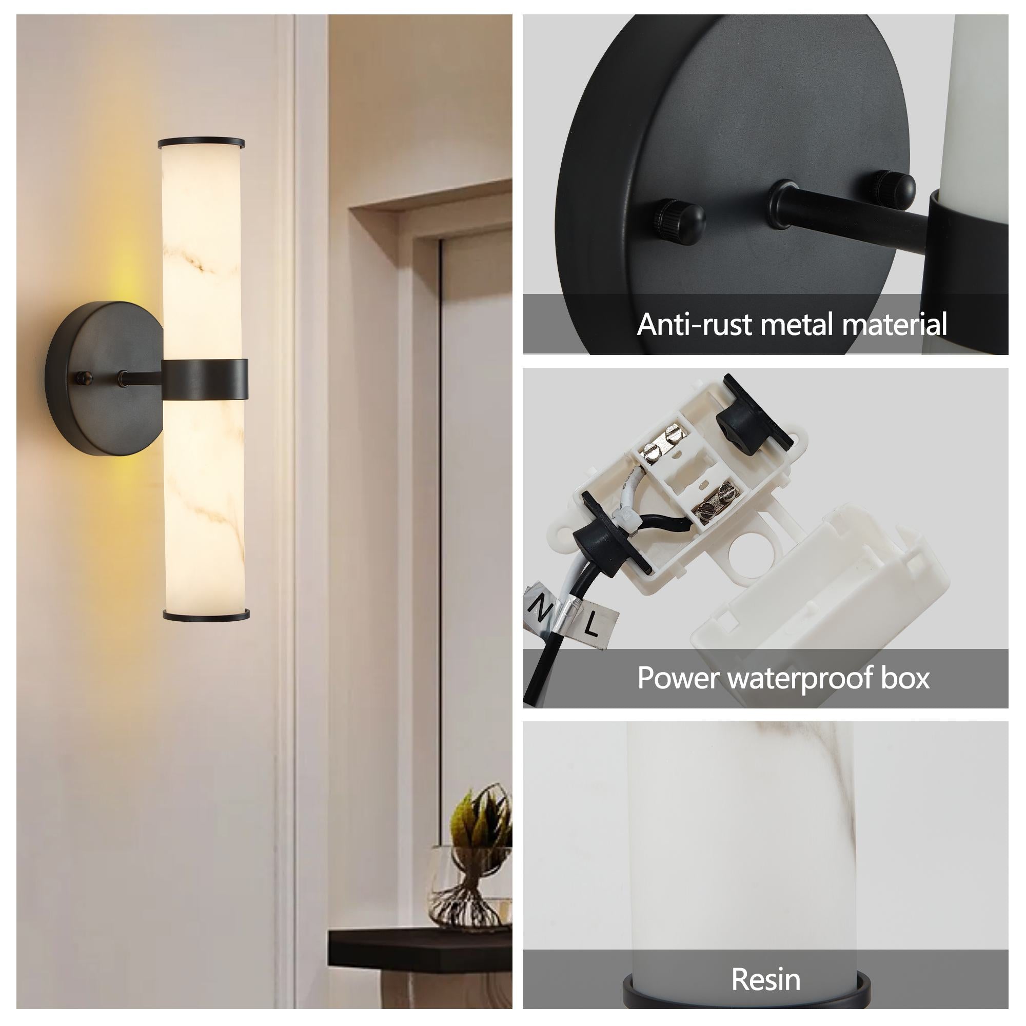 Set of 2 Resin Marble Texture Wall Lights with Iron Metal Frame, Elegant Lighting Fixtures for Hallways, Bedrooms, 5" L x 5.5" W x 14" H, Black