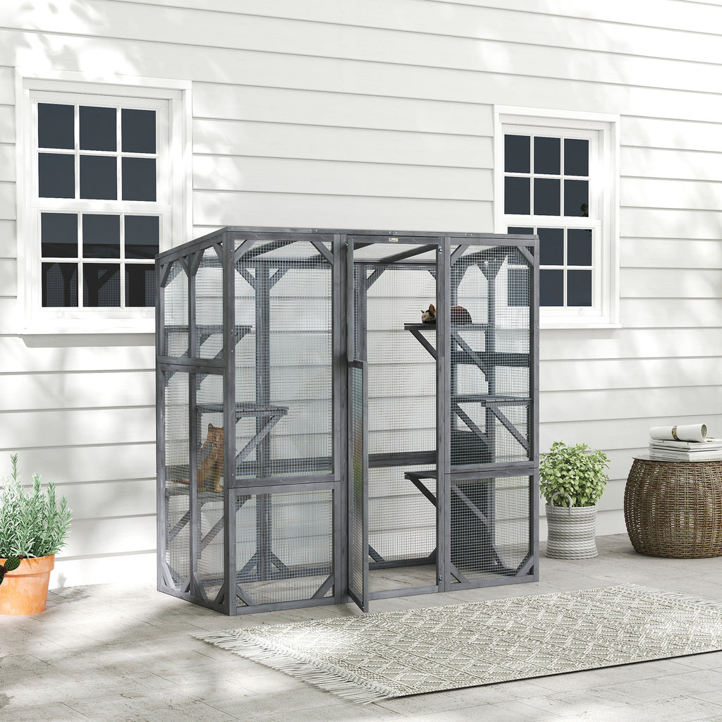 Large Wooden Catio Outdoor with 6 Jumping Platforms, Weatherproof Roof, for 1-3 Cats, 59" x 28" x 60", Gray