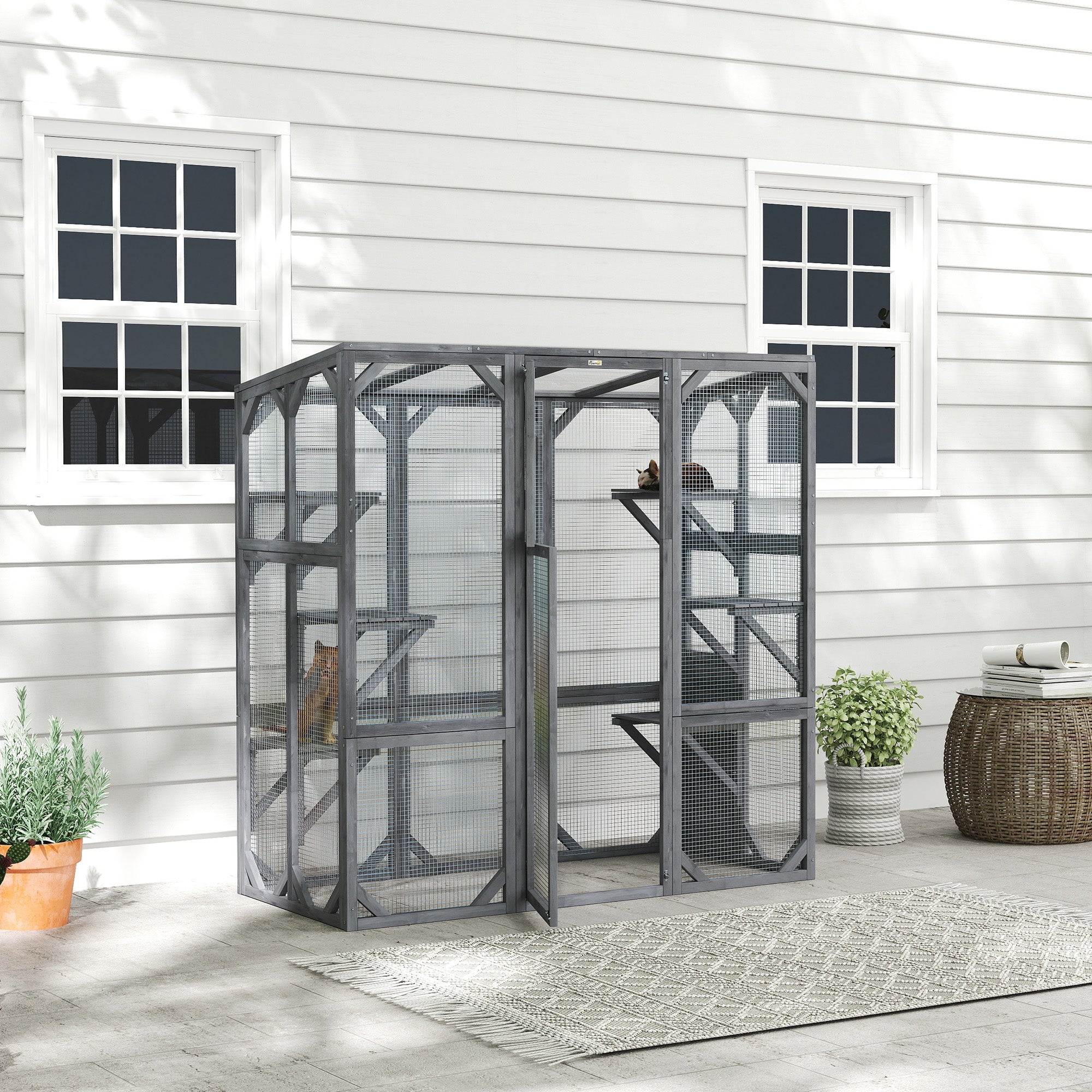 Large Wooden Catio Outdoor with 6 Jumping Platforms, Weatherproof Roof, for 1-3 Cats, 59" x 28" x 60", Gray