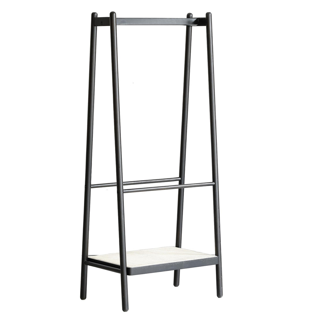 Solid Oak Clothes Rack with Handcrafted Rattan Hangers, Standing Garment Rack for Clothes, Bags & Shoes, 27.5″ L x 18″ W x 65″ H, Black