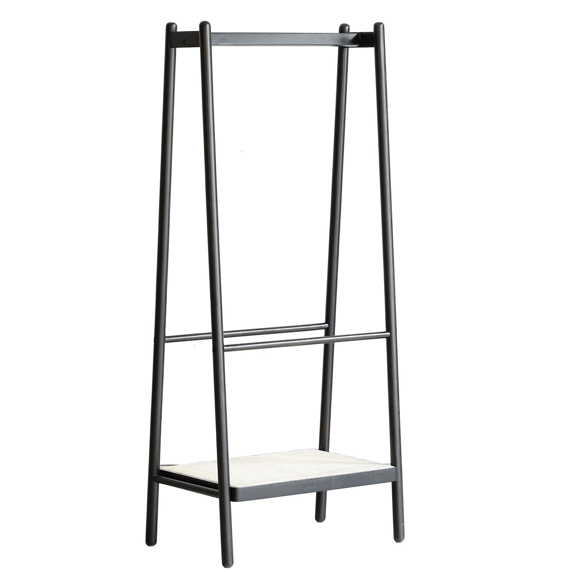 Solid Oak Clothes Rack with Handcrafted Rattan Hangers, Standing Garment Rack for Clothes, Bags & Shoes, 27.5″ L x 18″ W x 65″ H, Black