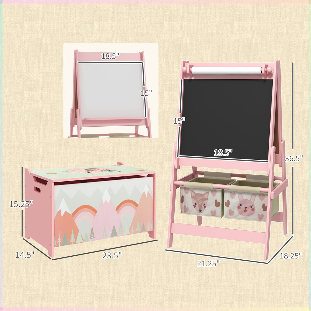 Toy Box with Lid and Kids Easel with Paper Roll, Blackboard, Whiteboard, Cute Fox Design, for Ages 3-8 Years, Pink