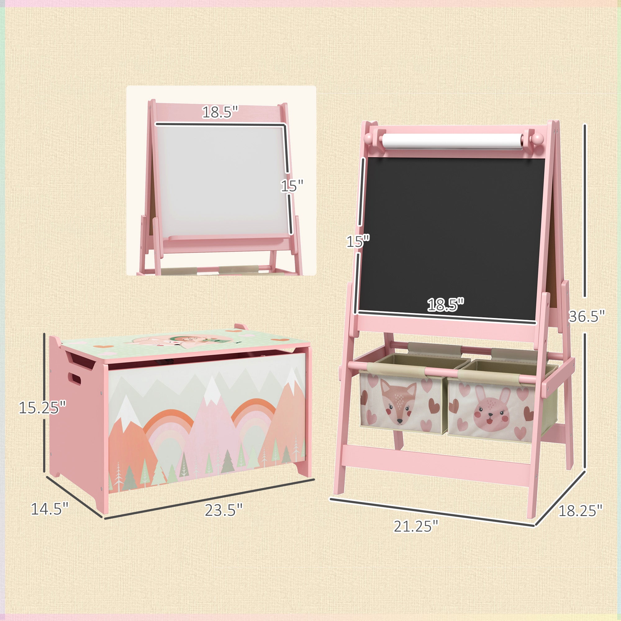 Toy Box with Lid and Kids Easel with Paper Roll, Blackboard, Whiteboard, Cute Fox Design, for Ages 3-8 Years, Pink