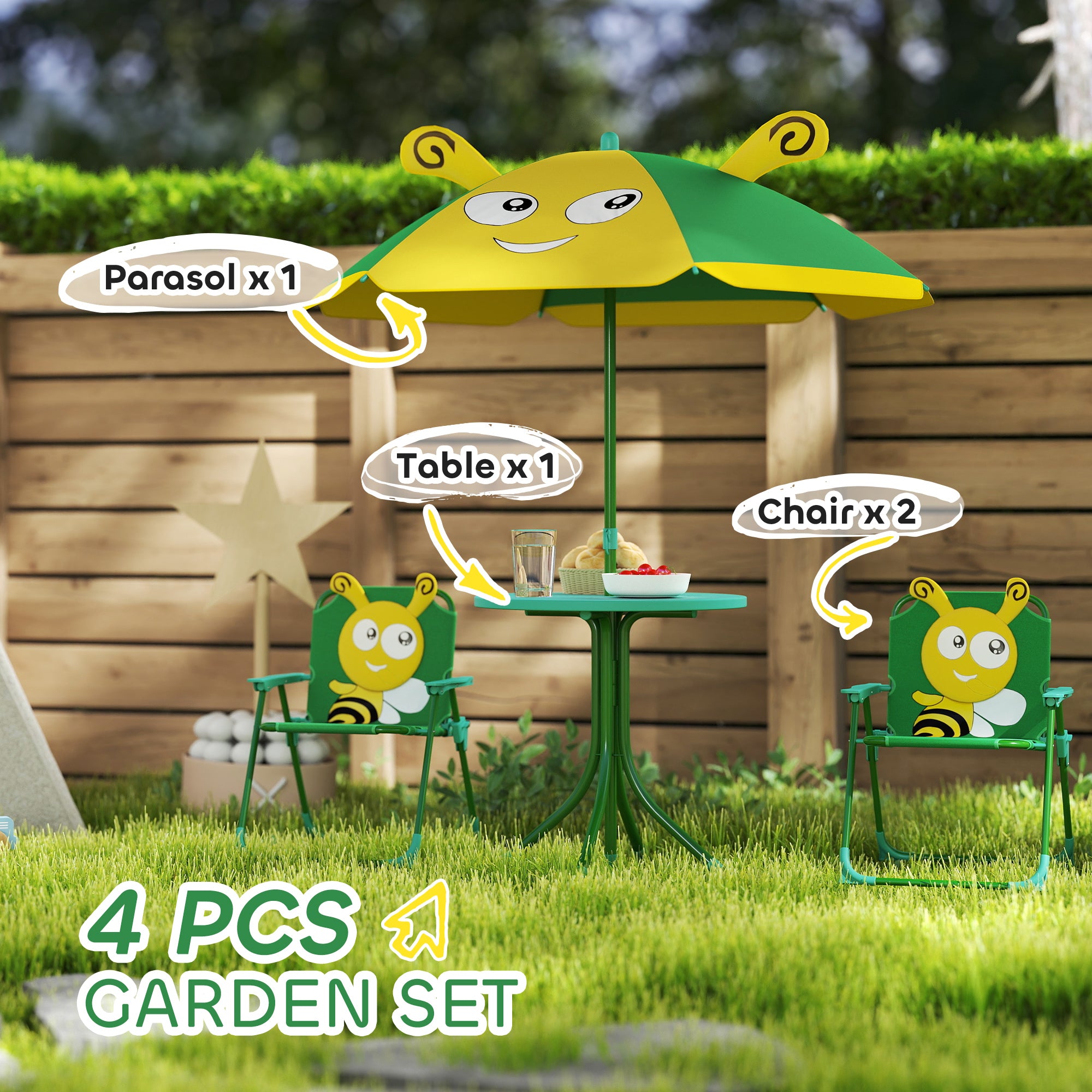 Kids Picnic Table and Chair Set, Outdoor Activity Table with Foldable Chairs, Height Adjustable Umbrella, Green