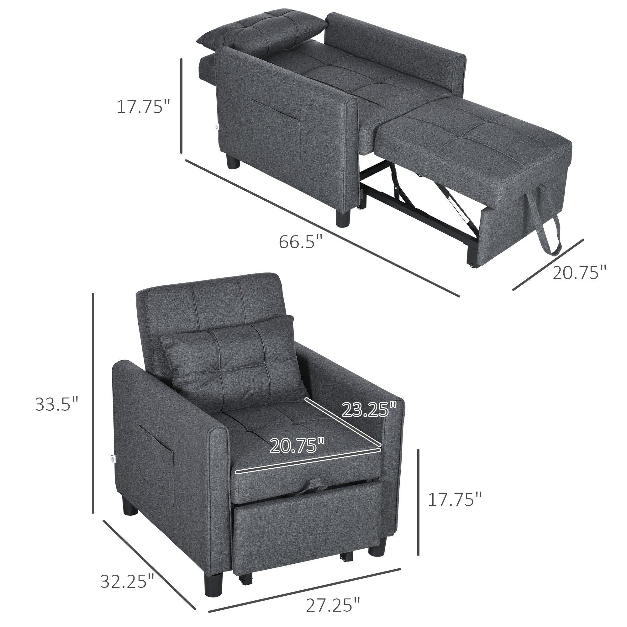 3-in-1 Convertible Chair Bed, Multi-Functional Single Sofa Bed, Pull Out Sleeper Chair with Adjustable Backrest, Pillow, and Pockets, Gray