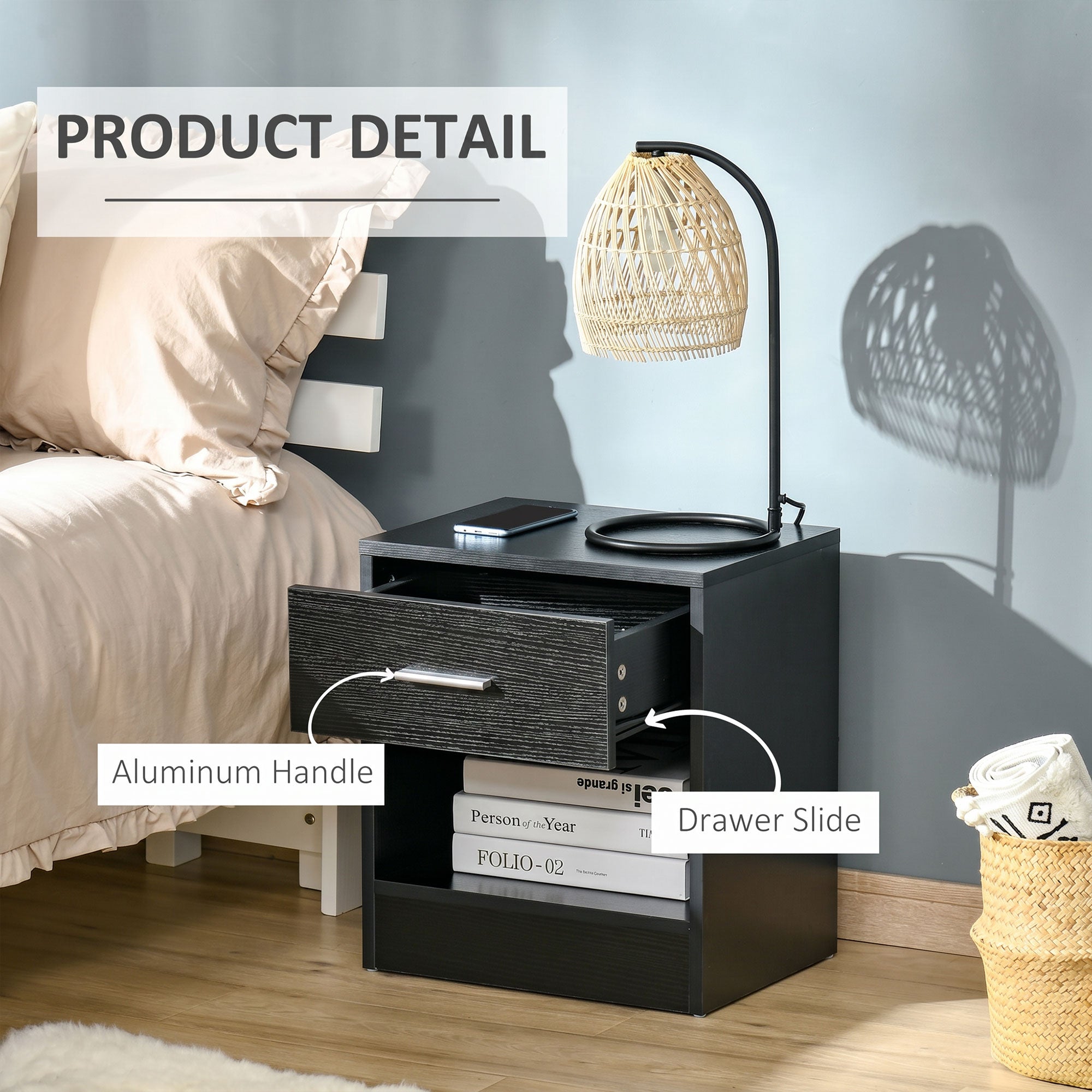 Modern Side Table with Drawer and Storage Shelf, End Table for Living Room, Black Wood Grain