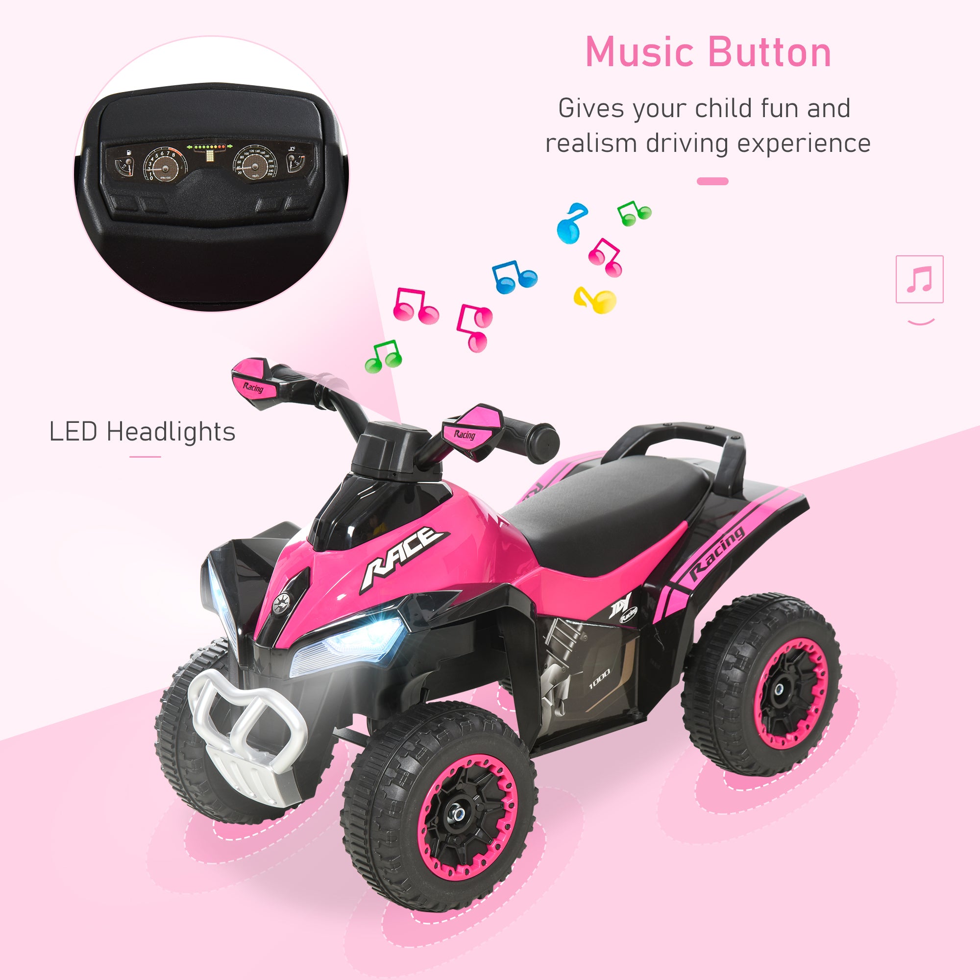 NO Power Kids Ride On Push Car, Ride Racer, Foot-to-floor Sliding Car, Walking ATV Toy with Music, Lights, for 1.5-3 Years Old, Pink