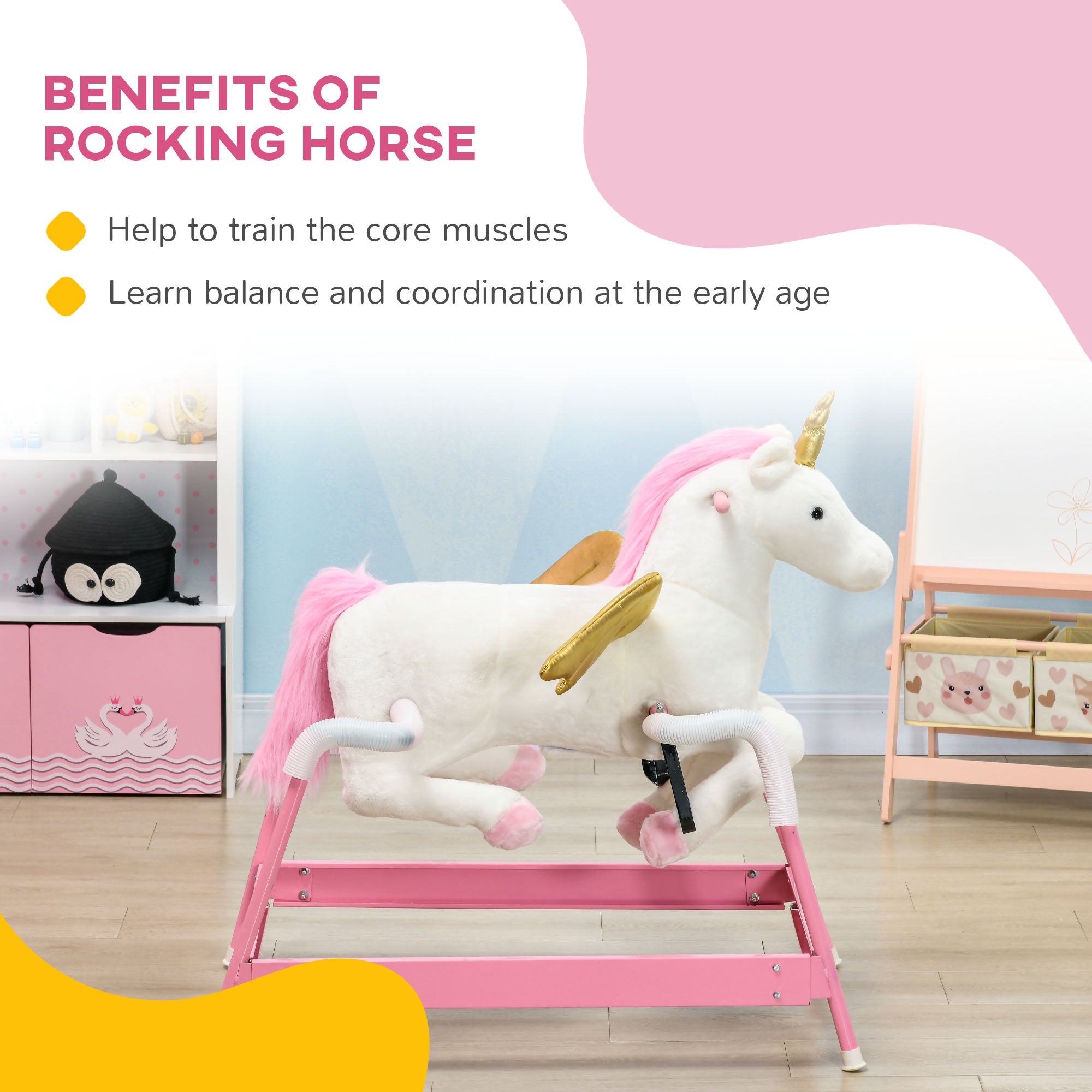 Kids Spring Rocking Horse Unicon, Ride on Horse for Girls and Boys with Sounds, Plush Animal Ride-on Toy with Soft Feel, Interactive Toy for Kids, Pink