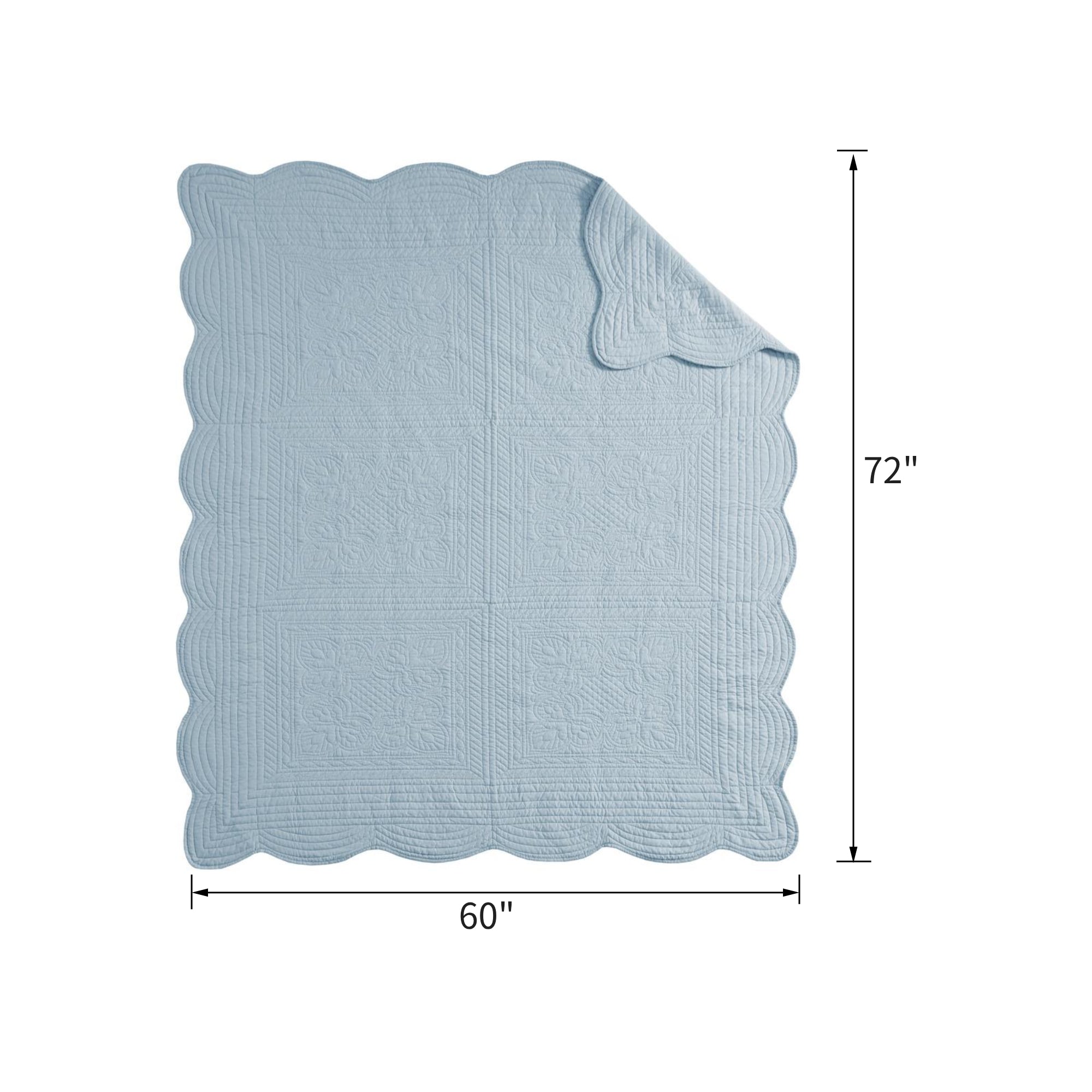 Antimicrobial Oversized Quilted Throw with Scalloped Edges, Microfiber and Cotton Blend, Machine Washable, 72" L x 60" W x 0.25" H, Blue
