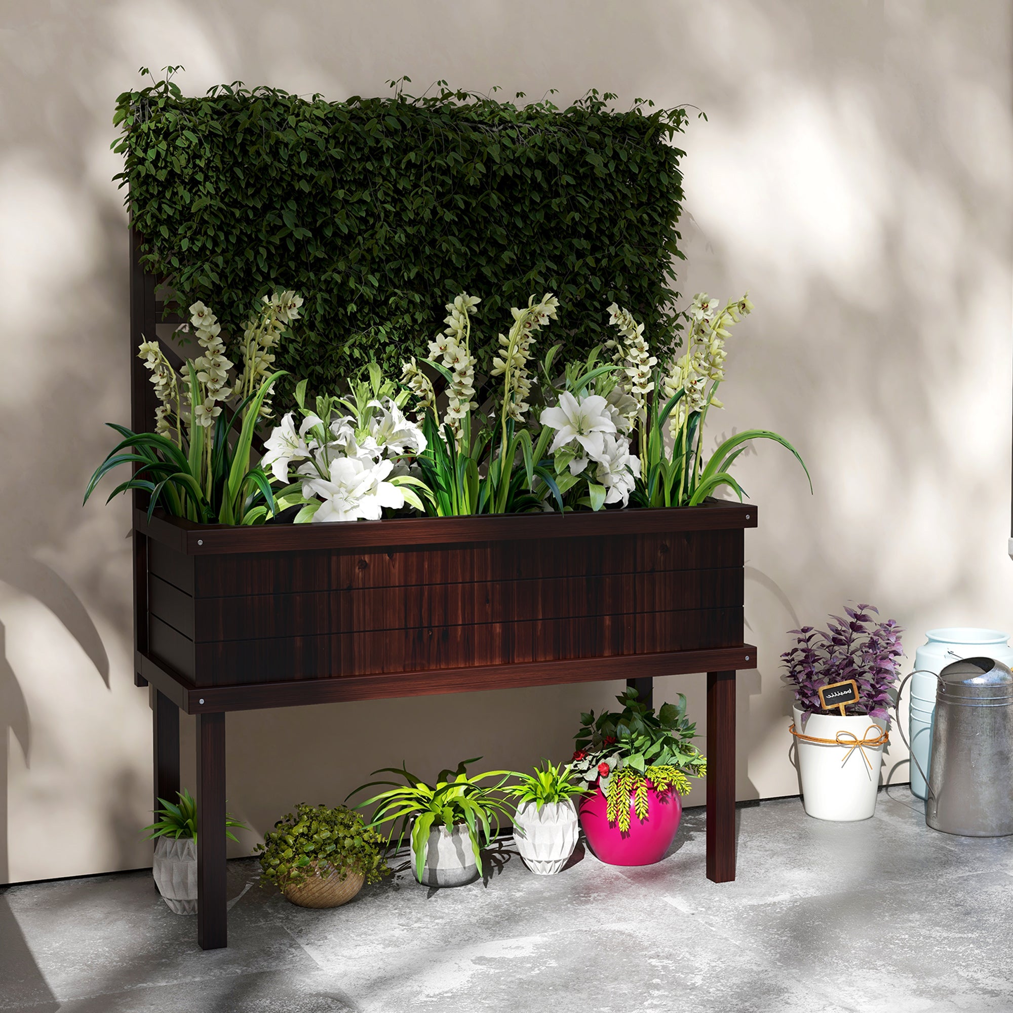 Elevated Wood Planter with Trellis for Climbing Plants, Raised Garden Bed with Legs and Drainage Holes, Carbonized