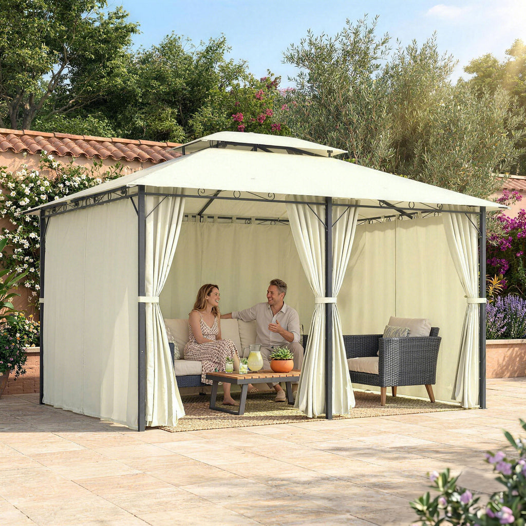 10' x 13' Patio Gazebo, Outdoor Gazebo Canopy Shelter with Curtains, Vented Roof, Steel Frame for Garden, Lawn, Backyard and Deck, Cream White