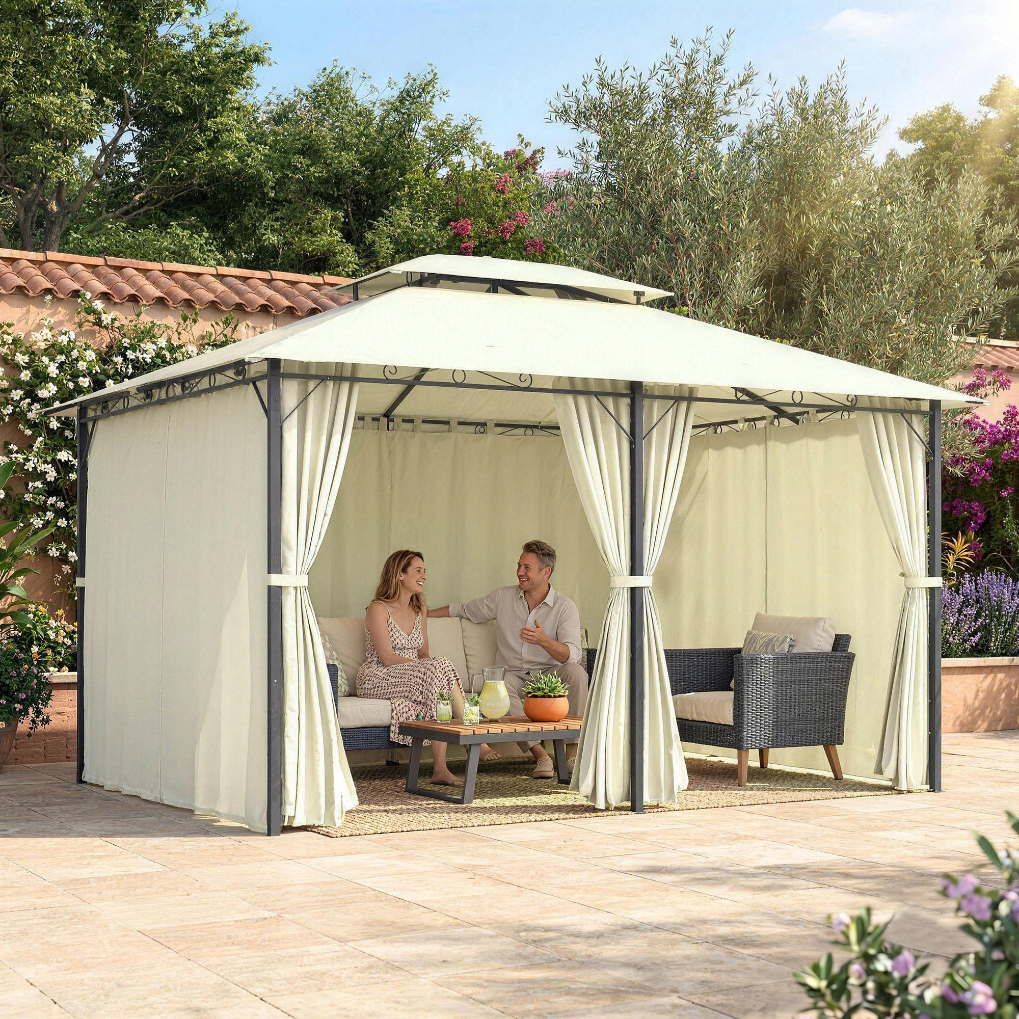 10' x 13' Patio Gazebo, Outdoor Gazebo Canopy Shelter with Curtains, Vented Roof, Steel Frame for Garden, Lawn, Backyard and Deck, Cream White