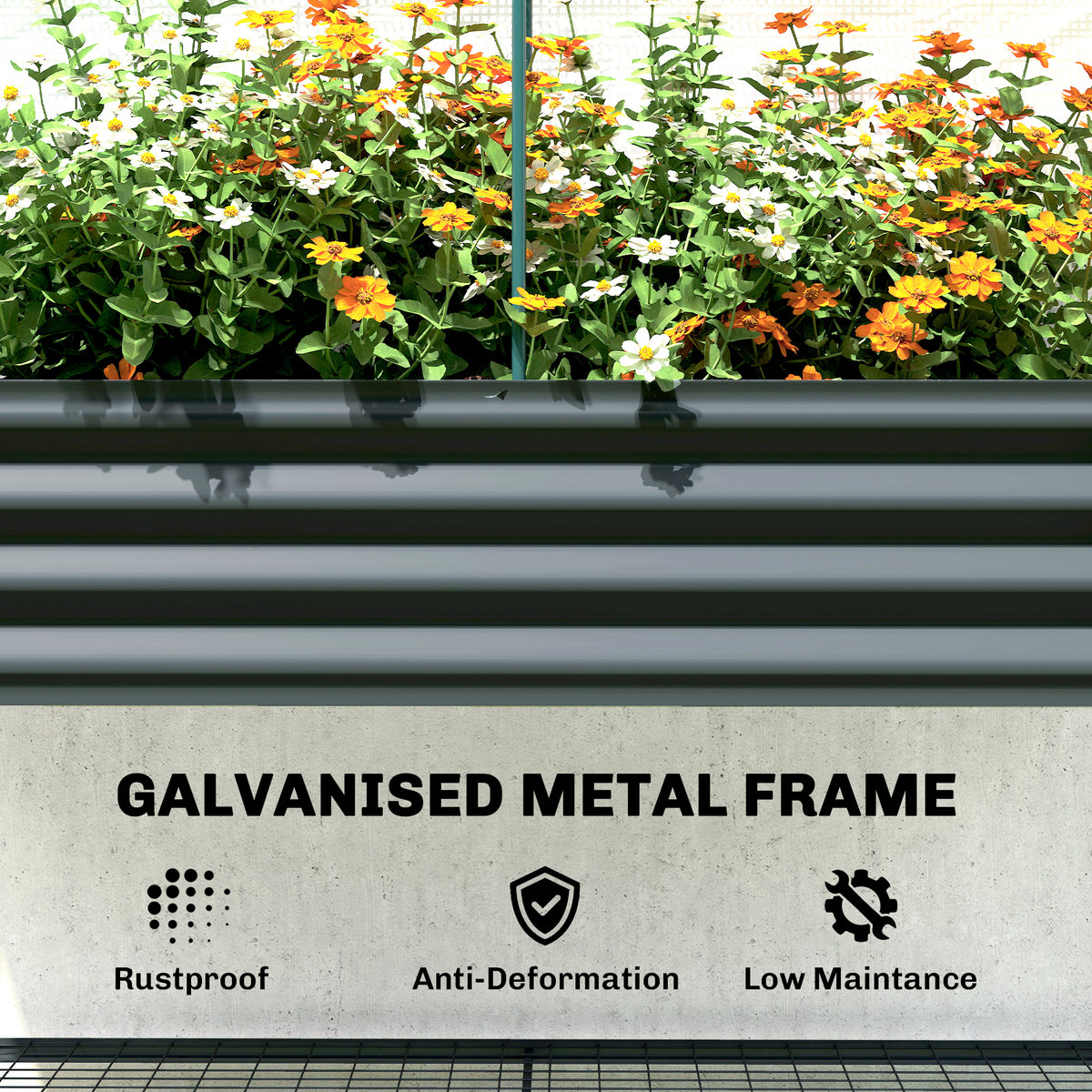 Galvanised Raised Garden Bed with Greenhouse Cover, Metal Elevated Garden Bed with Bed Liner, Bottom Shelf, Dark Gray