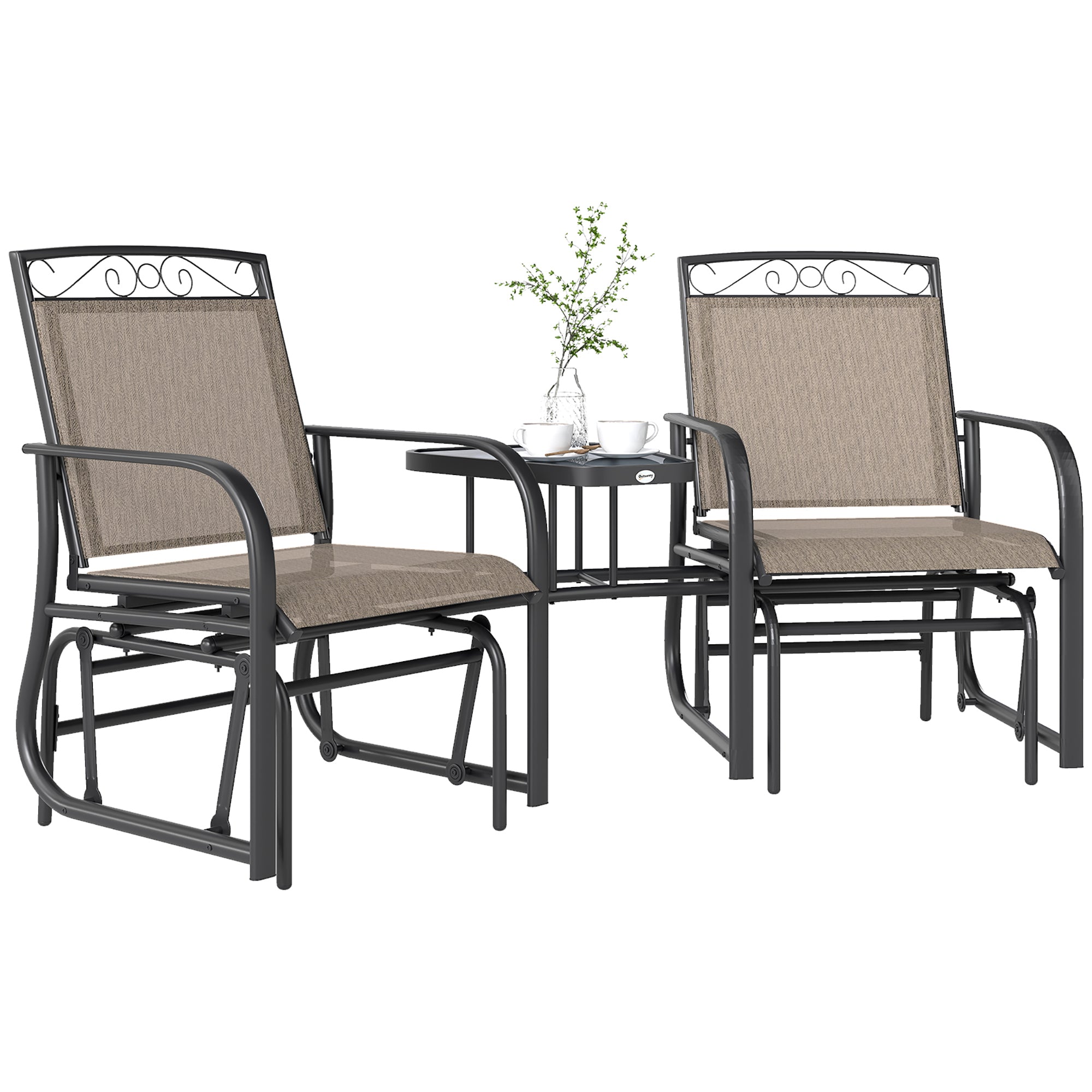 Outdoor Glider Chairs with Coffee Table, Patio 2-Seat Rocking Chair Swing with Breathable Sling for Backyard, Garden and Porch, Brown