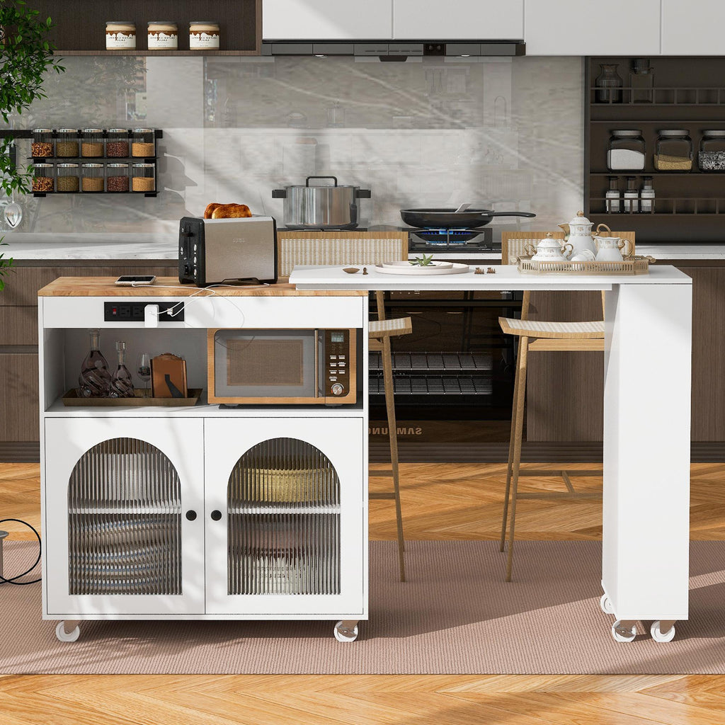 LED Kitchen Island with Extended Table, Power Outlets, Fluted Glass Doors, Utility Cart with Shelves and Cabinet, 56.5" L x 33" W x 38" H, White