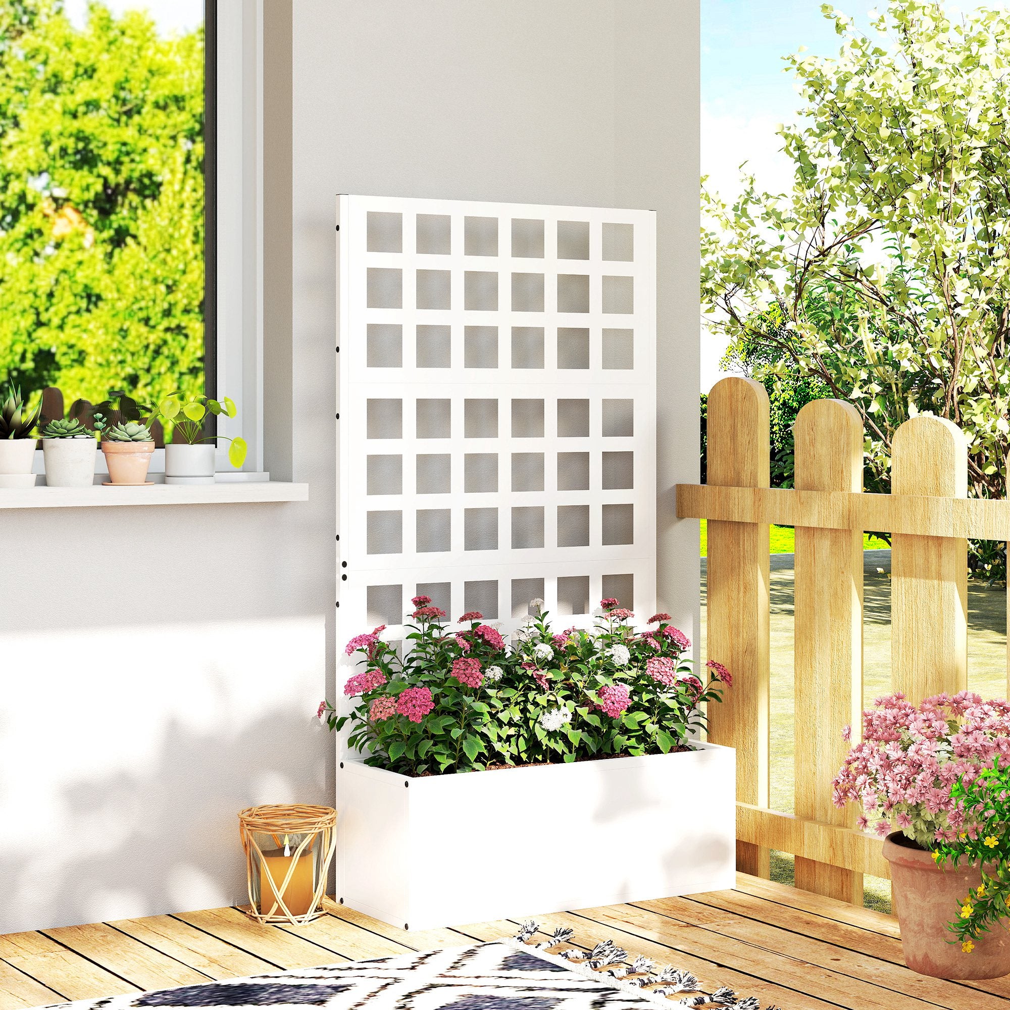 Galvanized Raised Garden Bed Planter Box with Trellis for Climbing Plants, Vegetable, Vines, 24" x 9" x 44.5", White