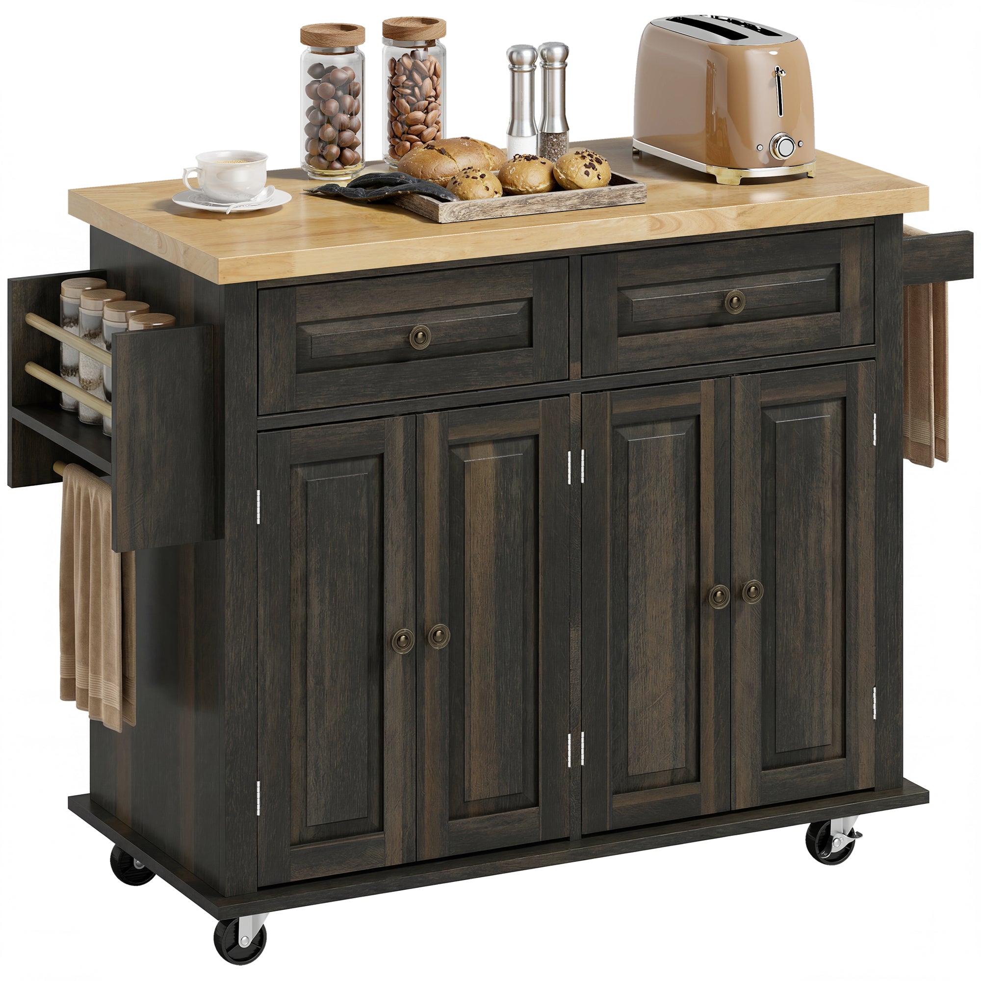 44" Mobile Kitchen Island Table, Kitchen Island Cart on Wheels with Storage Cabinets, 2 Drawers, Brown