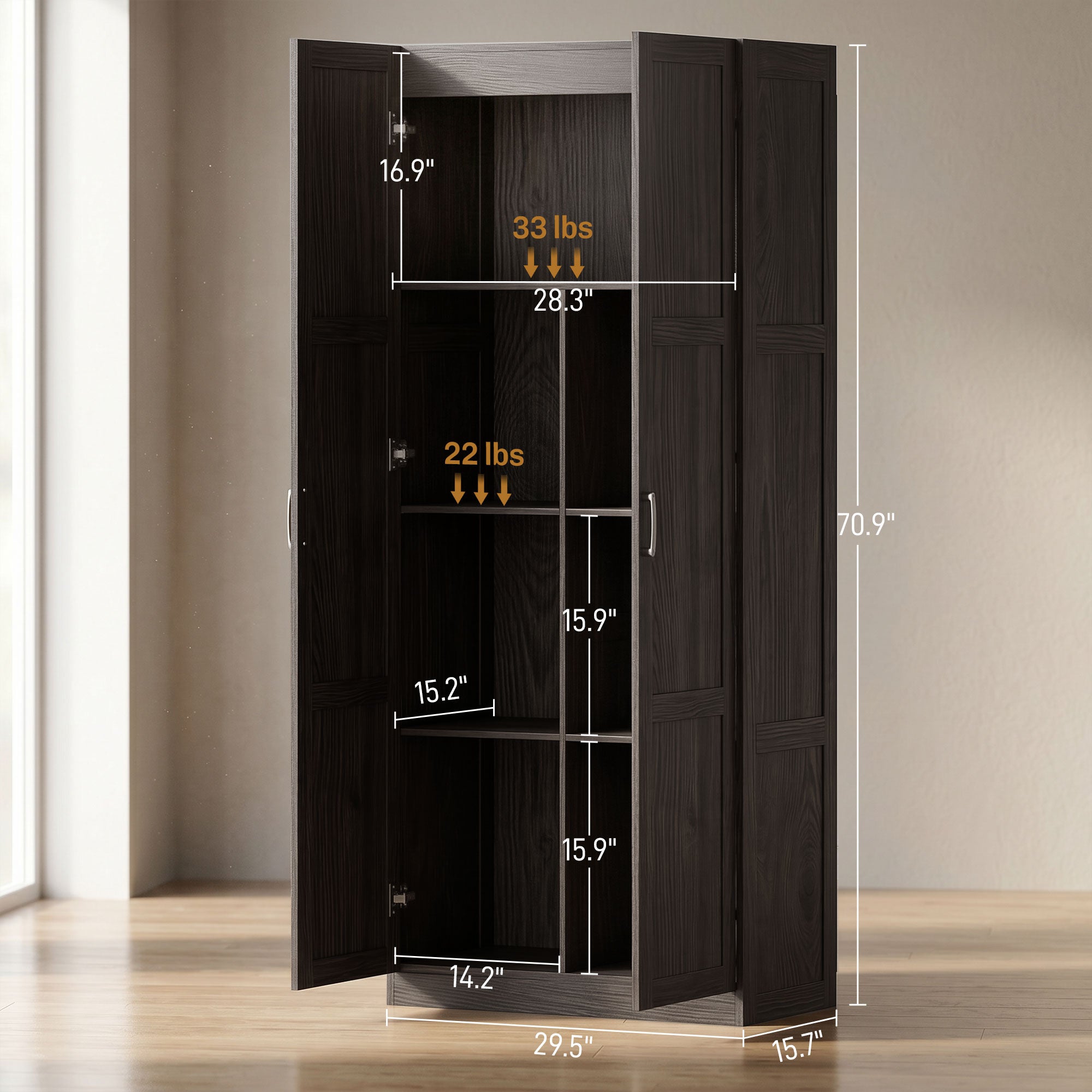 Farmhouse Pantry Cabinet, 71" Tall Kitchen Pantry Storage Cabinet with Soft-Close Hinges, Adjustable Shelves, Espresso
