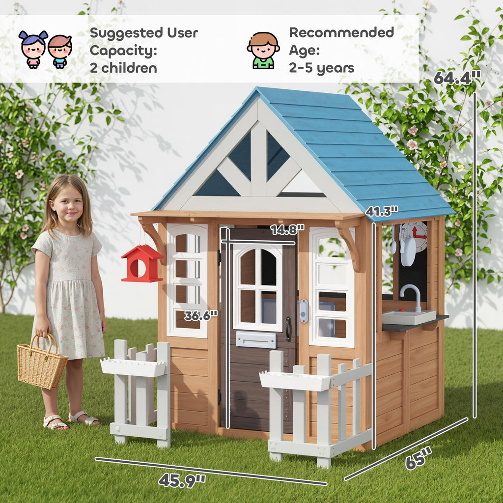 Wooden Kids Playhouse with Pet Door, Play Kitchen, Mailbox, Doorbell, Birdhouse, Fence and Windows for Pretend Play