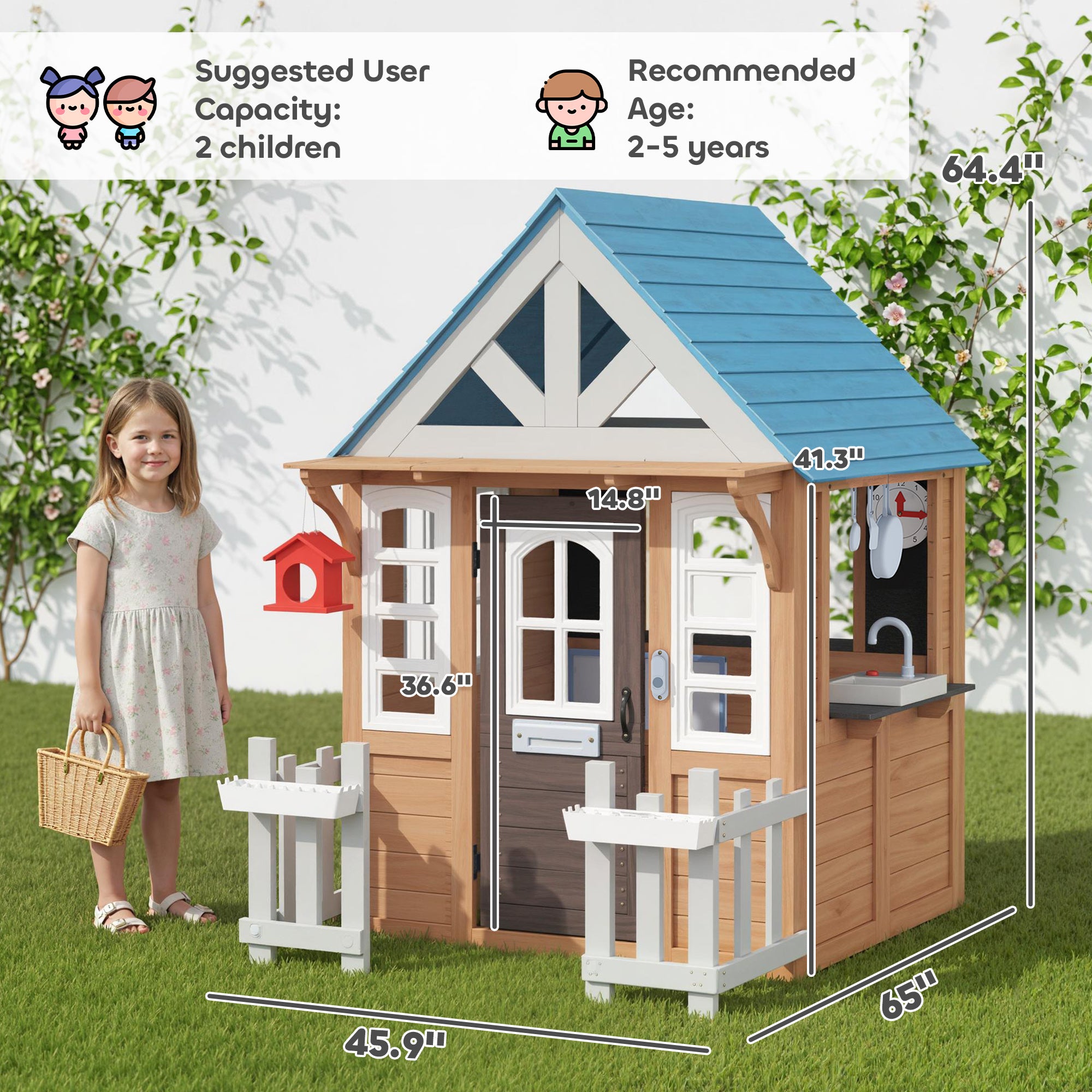 Wooden Kids Playhouse with Pet Door, Play Kitchen, Mailbox, Doorbell, Birdhouse, Fence and Windows for Pretend Play