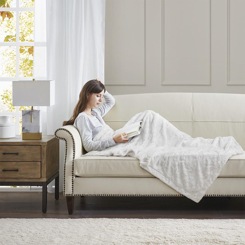 Luxurious Oversized Faux Fur Throw with Solid Mink Reverse, Machine Washable Blanket with Easy Maintenance, 70" L x 60" W x 0.25" H, White