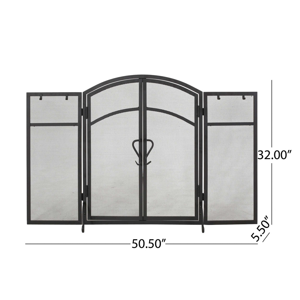 Iron Folding Fireplace Screen with Doors and 4-Piece Tool Set, Matte Finish, 50.5" x 5.5" x 32", Matte Black