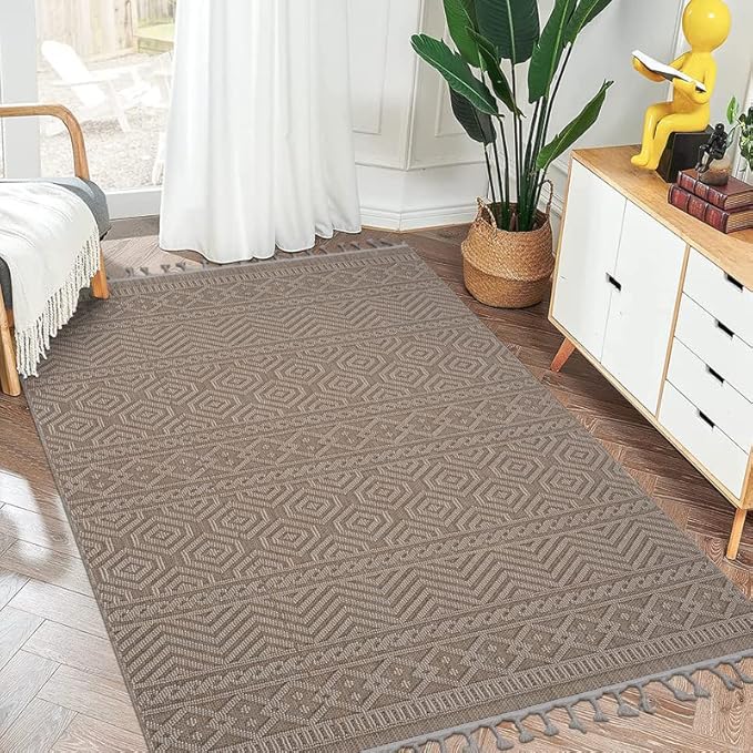 Naar 5x7 Geometric Indoor Outdoor Stain-Resistant Area Rug with Medium Pile Height, Kid and Pet-Friendly Carpet, 90" L x 63" W x 0.3" H, Mocha