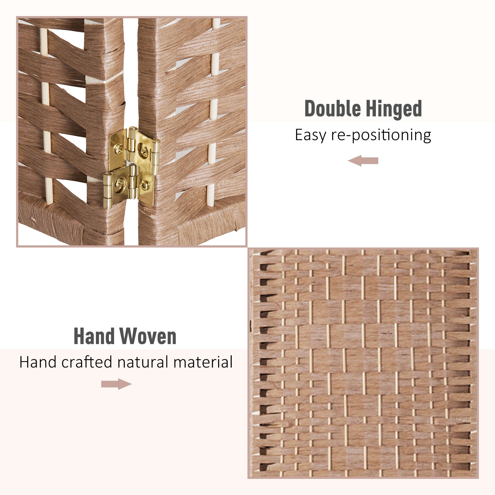 6' Tall Wicker Weave 3 Panel Room Divider Wall Divider, Natural Wood