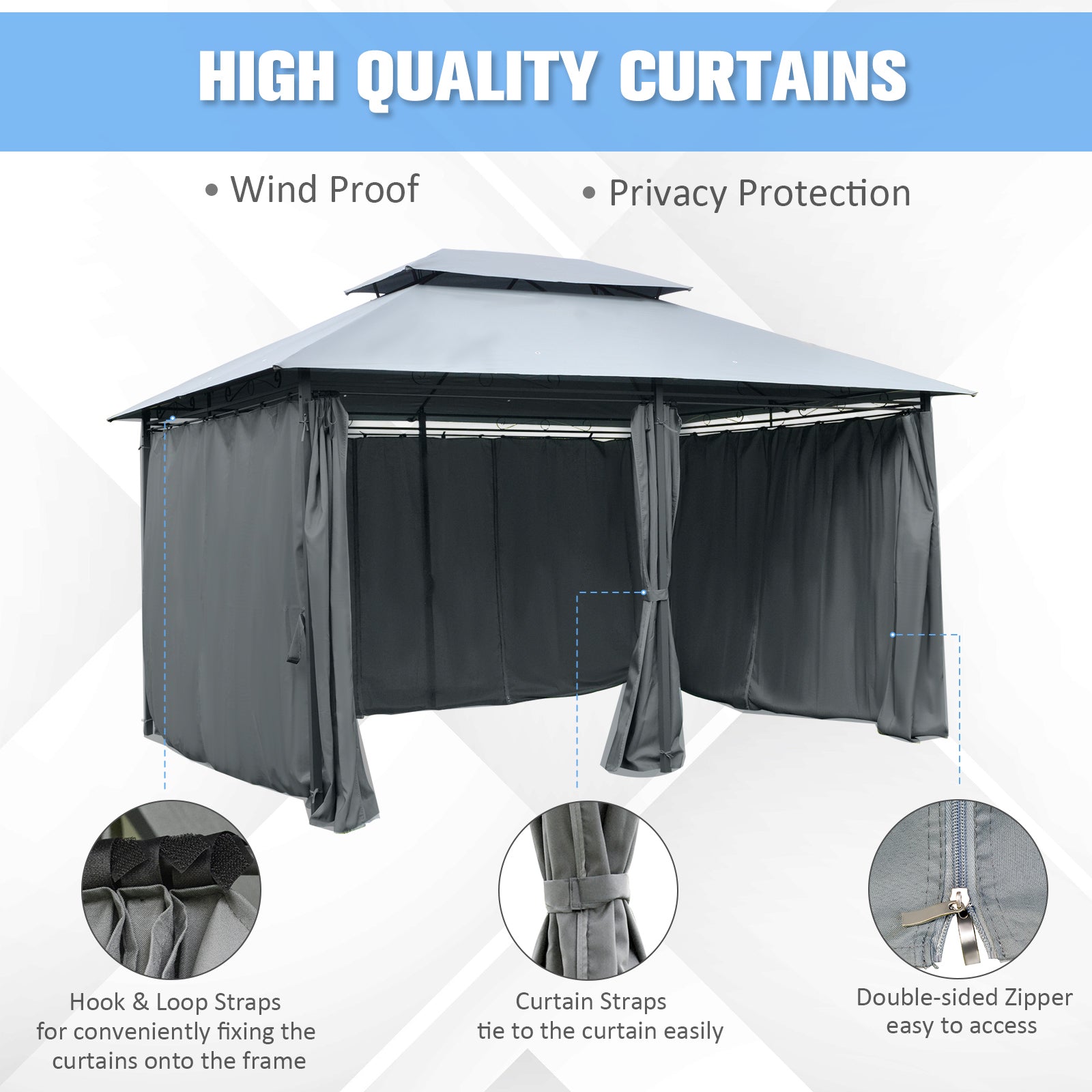 10' x 13' Outdoor Soft Top Gazebo Pergola with Curtains, 2-Tier Steel Frame Gazebo for Patio, Sage Gray