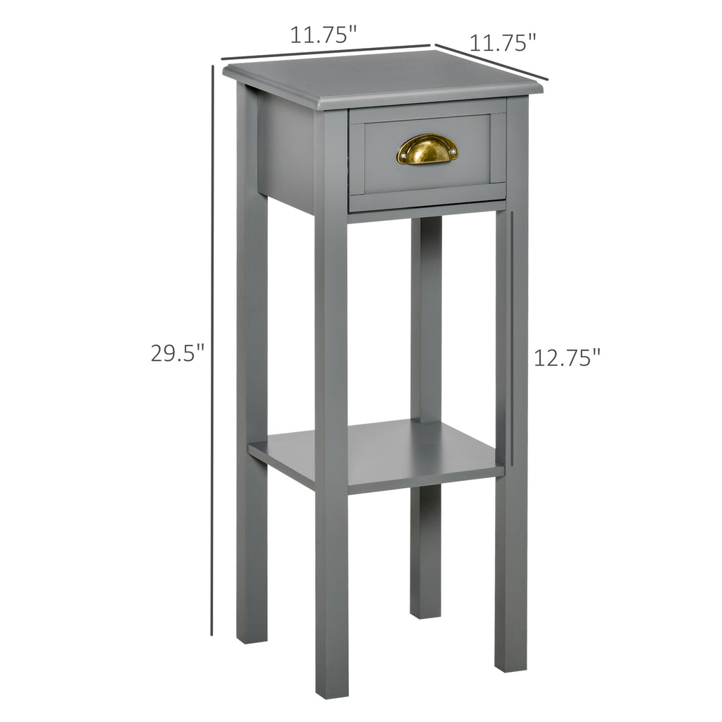 2-Tier Tall Side Table, Nightstand End Table w/ Drawer & Bottom Shelf for Living Room, Bedroom, Gray